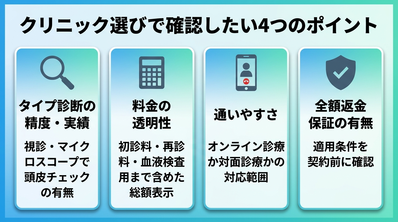 タイトル: クリニック選びで確認したい4つのポイント。縦並び4カードで: カード1(虫眼鏡アイコン)ヘッダー: タイプ診断の精度・実績、説明: 視診・マイクロスコープでの頭皮チェックの有無。カード2(電卓アイコン)ヘッダー: 料金の透明性、説明: 初診料・再診料・血液検査費用まで含めた総額表示。カード3(スマートフォンアイコン)ヘッダー: 通いやすさ、説明: オンライン診療か対面診療かの対応範囲。カード4(盾アイコン)ヘッダー: 全額返金保証の有無、説明: 適用条件を契約前に確認