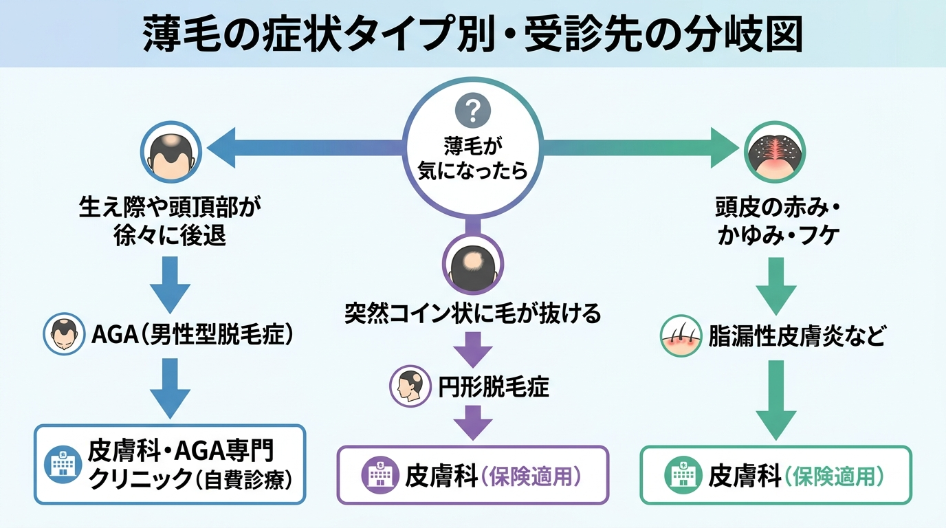 タイトル: 薄毛の症状タイプ別・受診先の分岐図。中央に「薄毛が気になったら」を配置し、3方向に分岐する図解。分岐1: 生え際や頭頂部が徐々に後退→AGA(男性型脱毛症)→皮膚科・AGA専門クリニック(自費診療)。分岐2: 突然コイン状に毛が抜ける→円形脱毛症→皮膚科(保険適用)。分岐3: 頭皮の赤み・かゆみ・フケ→脂漏性皮膚炎など→皮膚科(保険適用)。