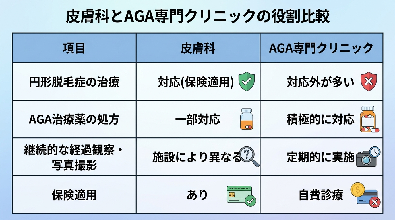 タイトル: 皮膚科とAGA専門クリニックの役割比較。2列の表: ヘッダー行: 項目 | 皮膚科 / AGA専門クリニック。行1: 円形脱毛症の治療 | 対応(保険適用) / 対応外が多い。行2: AGA治療薬の処方 | 一部対応 / 積極的に対応。行3: 継続的な経過観察・写真撮影 | 施設により異なる / 定期的に実施。行4: 保険適用 | あり / 自費診療。