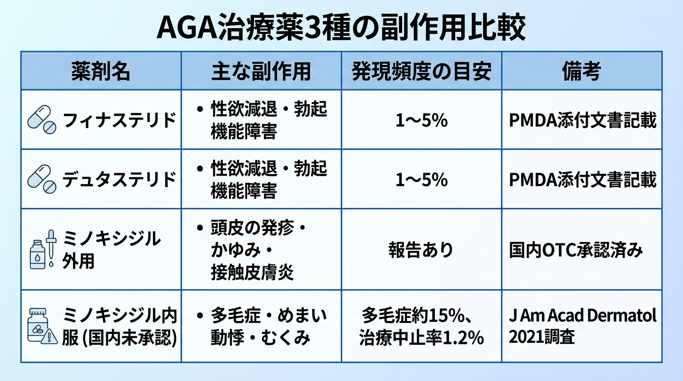 タイトル: AGA治療薬3種の副作用比較。4列の表: ヘッダー行: 薬剤名 | 主な副作用 | 発現頻度の目安 | 備考。行1: フィナステリド | 性欲減退・勃起機能障害 | 1〜5% | PMDA添付文書記載。行2: デュタステリド | 性欲減退・勃起機能障害 | 1〜5% | PMDA添付文書記載。行3: ミノキシジル外用 | 頭皮の発疹・かゆみ・接触皮膚炎 | 報告あり | 国内OTC承認済み。行4: ミノキシジル内服(国内未承認) | 多毛症・めまい・動悸・むくみ | 多毛症約15%、治療中止率1.2% | J Am Acad Dermatol 2021調査。