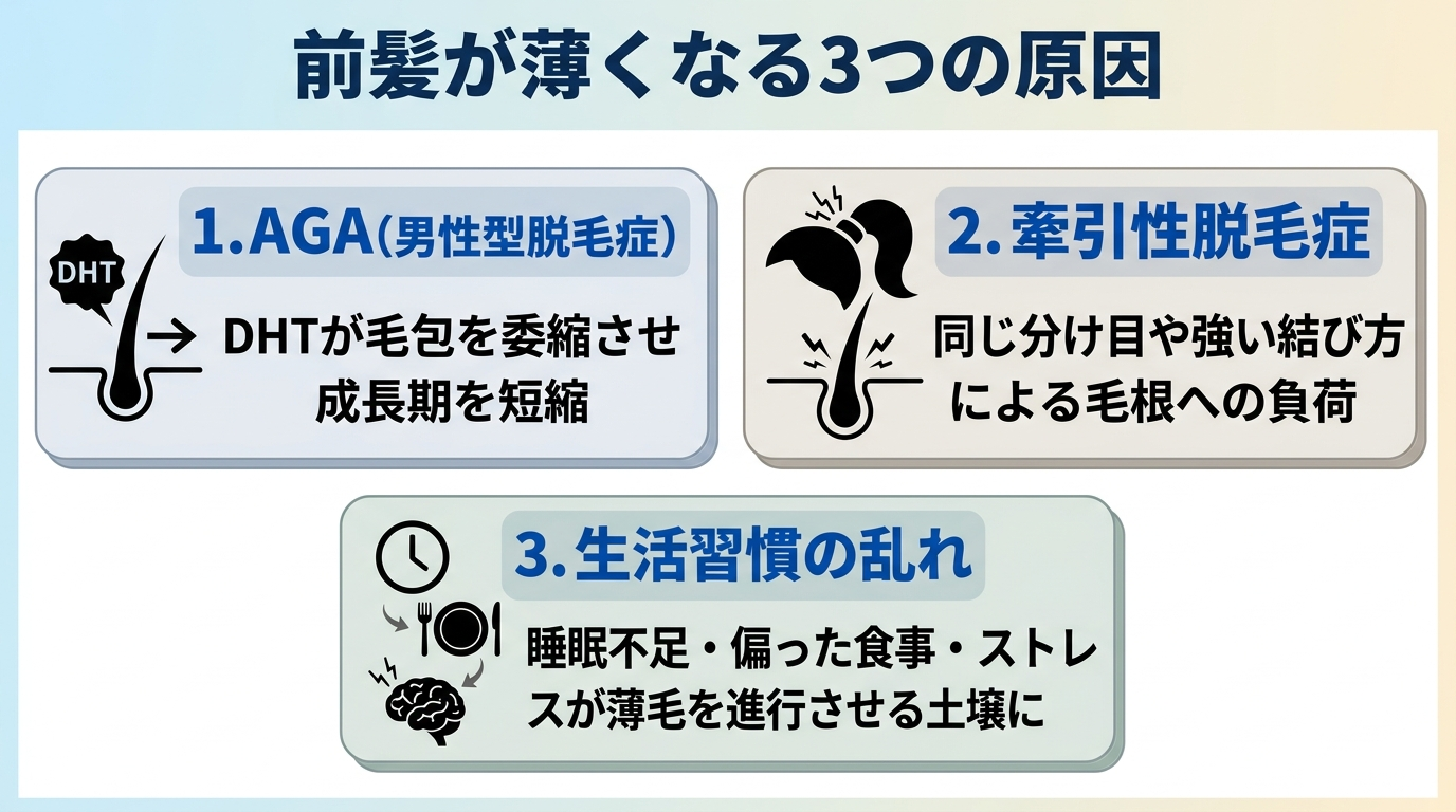 タイトル: 前髪が薄くなる3つの原因。横並び3カード: カード1見出し「AGA」説明「DHTが毛包を委縮させ成長期を短縮」。カード2見出し「牽引性脱毛症」説明「同じ分け目や強い結び方による毛根への負荷」。カード3見出し「生活習慣の乱れ」説明「睡眠不足・偏った食事・ストレスが薄毛を進行させる土壌に」