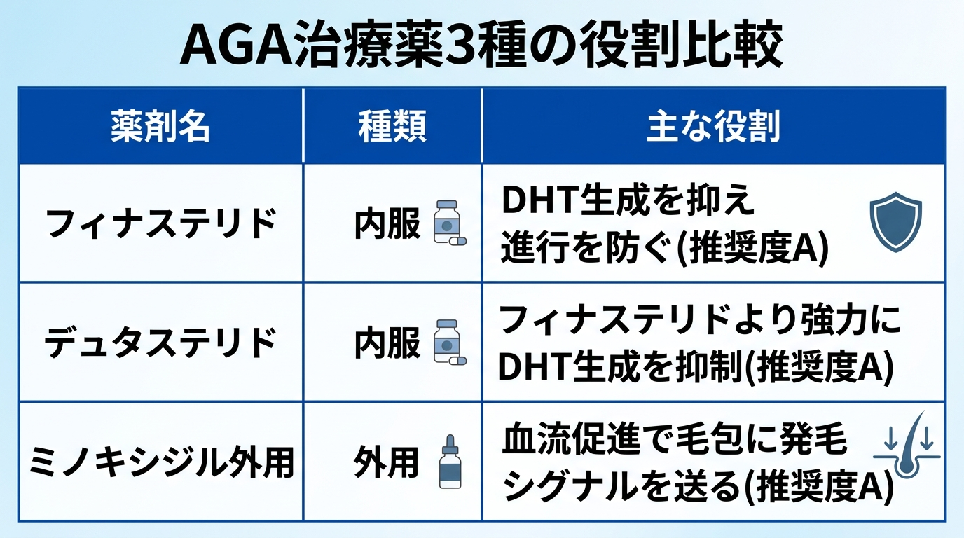 タイトル: AGA治療薬3種の役割比較。3列表: ヘッダー行: 薬剤名 | 種類 | 主な役割。行1: フィナステリド | 内服 | DHT生成を抑え進行を防ぐ(推奨度A)。行2: デュタステリド | 内服 | フィナステリドより強力にDHT生成を抑制(推奨度A)。行3: ミノキシジル外用 | 外用 | 血流促進で毛包に発毛シグナルを送る(推奨度A)