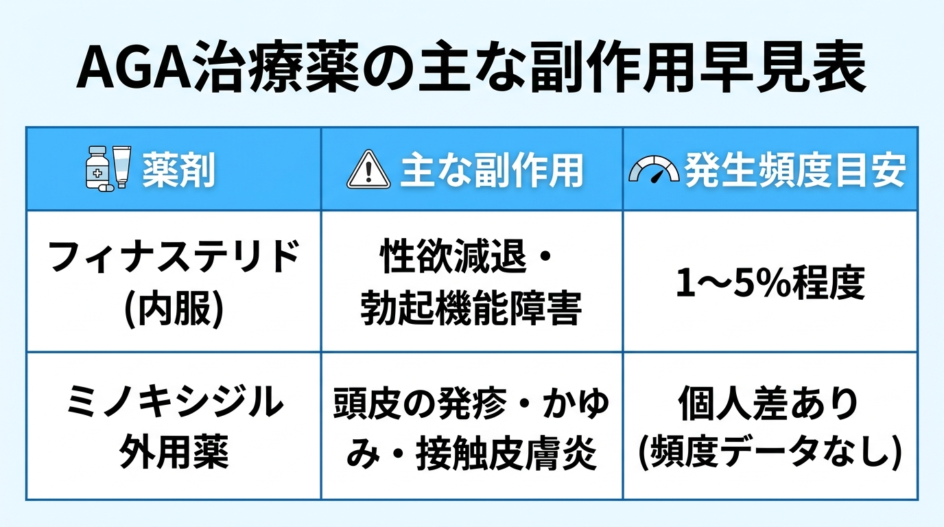 タイトル: AGA治療薬の主な副作用早見表。3列表: ヘッダー: 薬剤 | 主な副作用 | 発生頻度目安。行1: フィナステリド(内服) | 性欲減退・勃起機能障害 | 1〜5%程度。行2: ミノキシジル外用薬 | 頭皮の発疹・かゆみ・接触皮膚炎 | 個人差あり(頻度データなし)