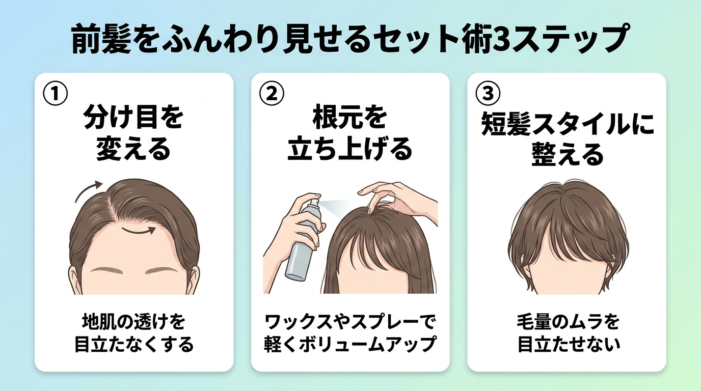 タイトル: 前髪をふんわり見せるセット術3ステップ。横並び3カード: カード1見出し「分け目を変える」説明「地肌の透けを目立たなくする」。カード2見出し「根元を立ち上げる」説明「ワックスやスプレーで軽くボリュームアップ」。カード3見出し「短髪スタイルに整える」説明「毛量のムラを目立たせない」