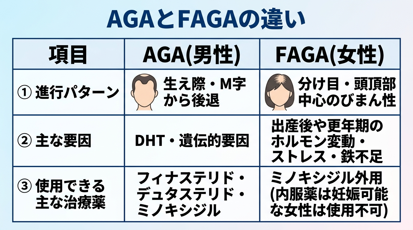 タイトル: AGAとFAGAの違い。3列表: ヘッダー: 項目 | AGA(男性) | FAGA(女性)。行1: 進行パターン | 生え際・M字から後退 | 分け目・頭頂部中心のびまん性。行2: 主な要因 | DHT・遺伝的要因 | 出産後や更年期のホルモン変動・ストレス・鉄不足。行3: 使用できる主な治療薬 | フィナステリド・デュタステリド・ミノキシジル | ミノキシジル外用(内服薬は妊娠可能な女性は使用不可)