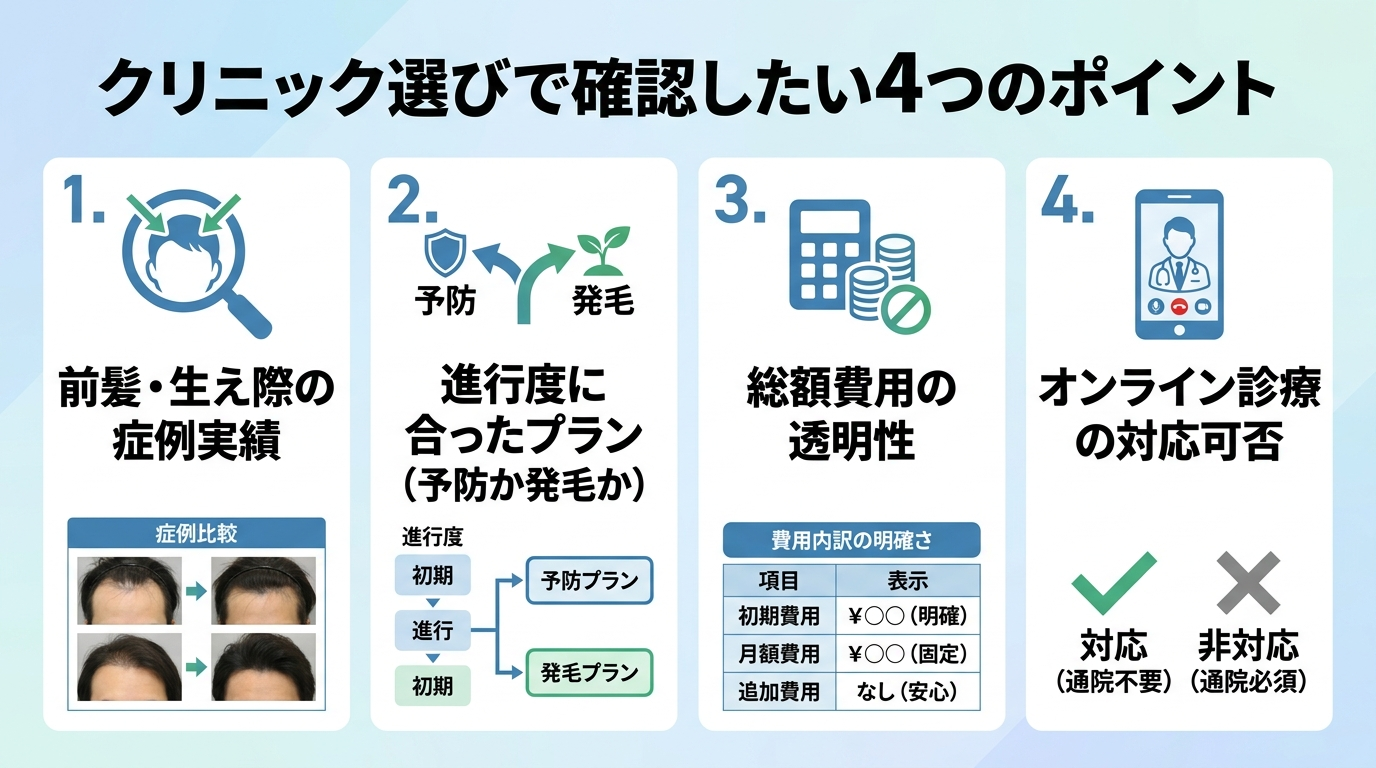 タイトル: クリニック選びで確認したい4つのポイント。縦並び4項目リスト: 1. 前髪・生え際の症例実績。2. 進行度に合ったプラン(予防か発毛か)。3. 総額費用の透明性。4. オンライン診療の対応可否