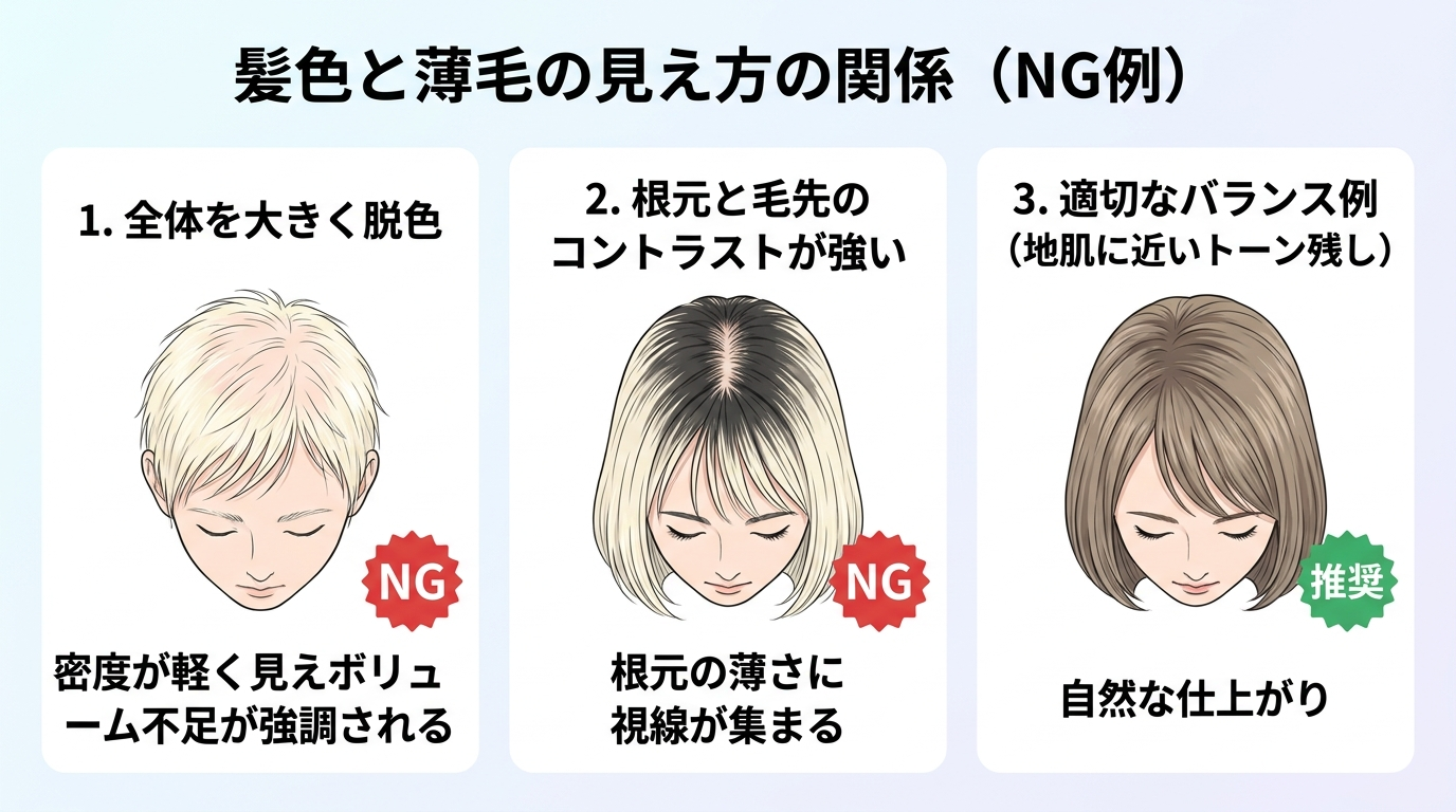 タイトル: 髪色と薄毛の見え方の関係(NG例)。3パターン比較イラスト。パターン1(地毛全体を大きく脱色した頭部): 密度が軽く見えボリューム不足が強調される。パターン2(根元と毛先のコントラストが強い頭部): 根元の薄さに視線が集まる。パターン3(適切なバランス例): 地肌に近いトーンを部分的に残した自然な仕上がり