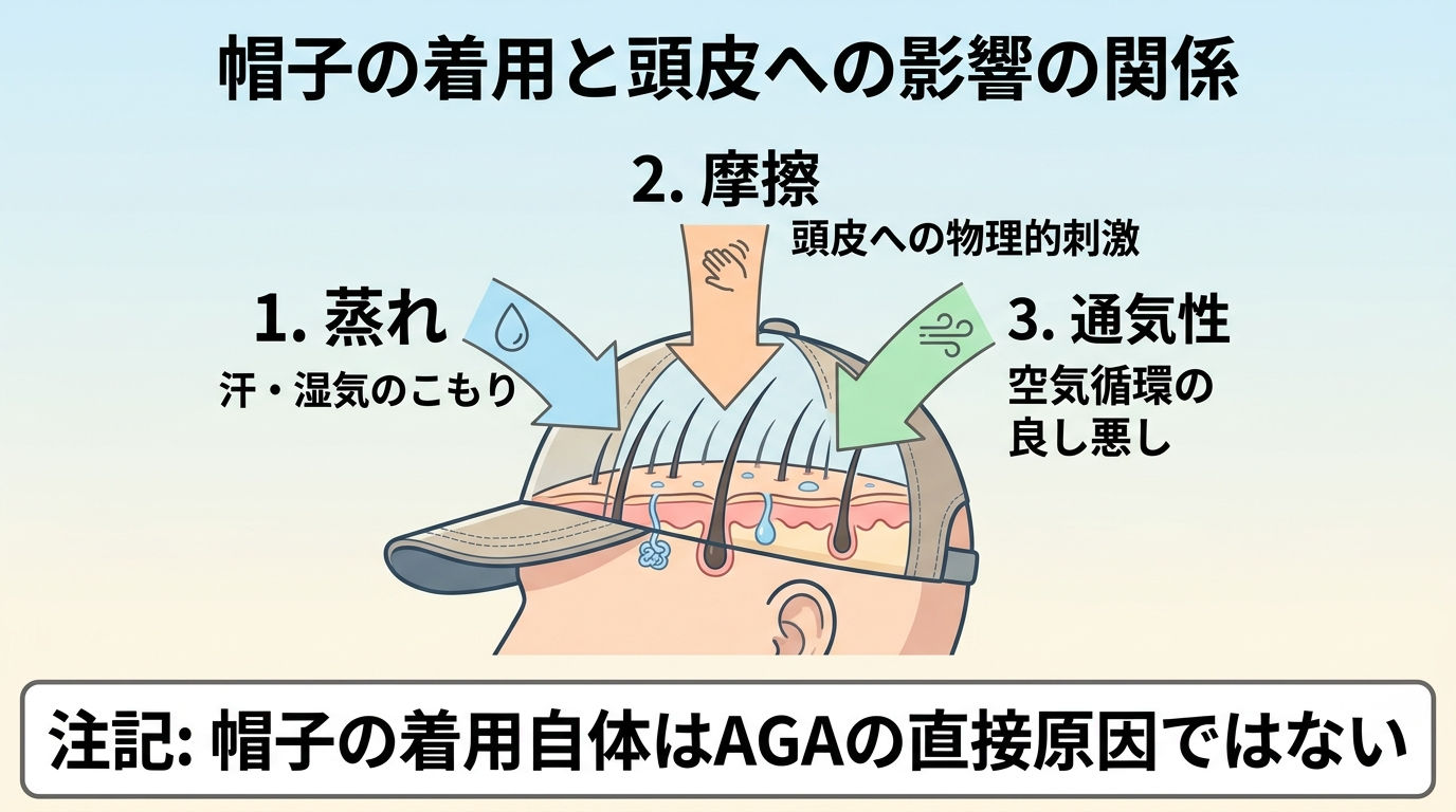 タイトル: 帽子の着用と頭皮への影響の関係。頭部断面のイラストに帽子をかぶった状態を示し、3本の矢印で「蒸れ」「摩擦」「通気性」の要因を頭皮に向けて表示。図の下部に「帽子の着用自体はAGAの直接原因ではない」という注記テキストを配置。