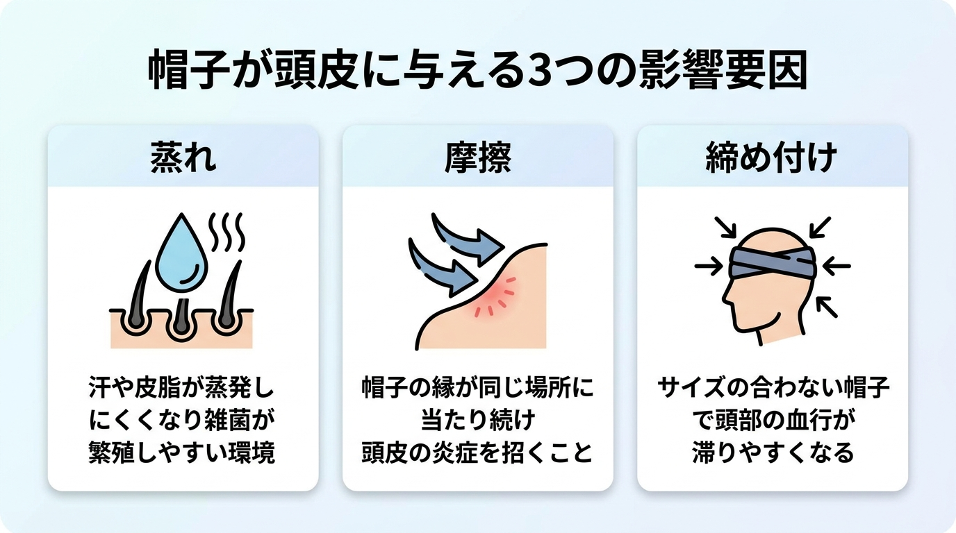 タイトル: 帽子が頭皮に与える3つの影響要因。横並び3カードで: カード1(汗のアイコン)ヘッダー: 蒸れ、説明: 汗や皮脂が蒸発しにくくなり雑菌が繁殖しやすい環境になる。カード2(矢印アイコン)ヘッダー: 摩擦、説明: 帽子の縁が同じ場所に当たり続け頭皮の炎症を招くことがある。カード3(サイズのアイコン)ヘッダー: 締め付け、説明: サイズの合わない帽子で頭部の血行が滞りやすくなる。