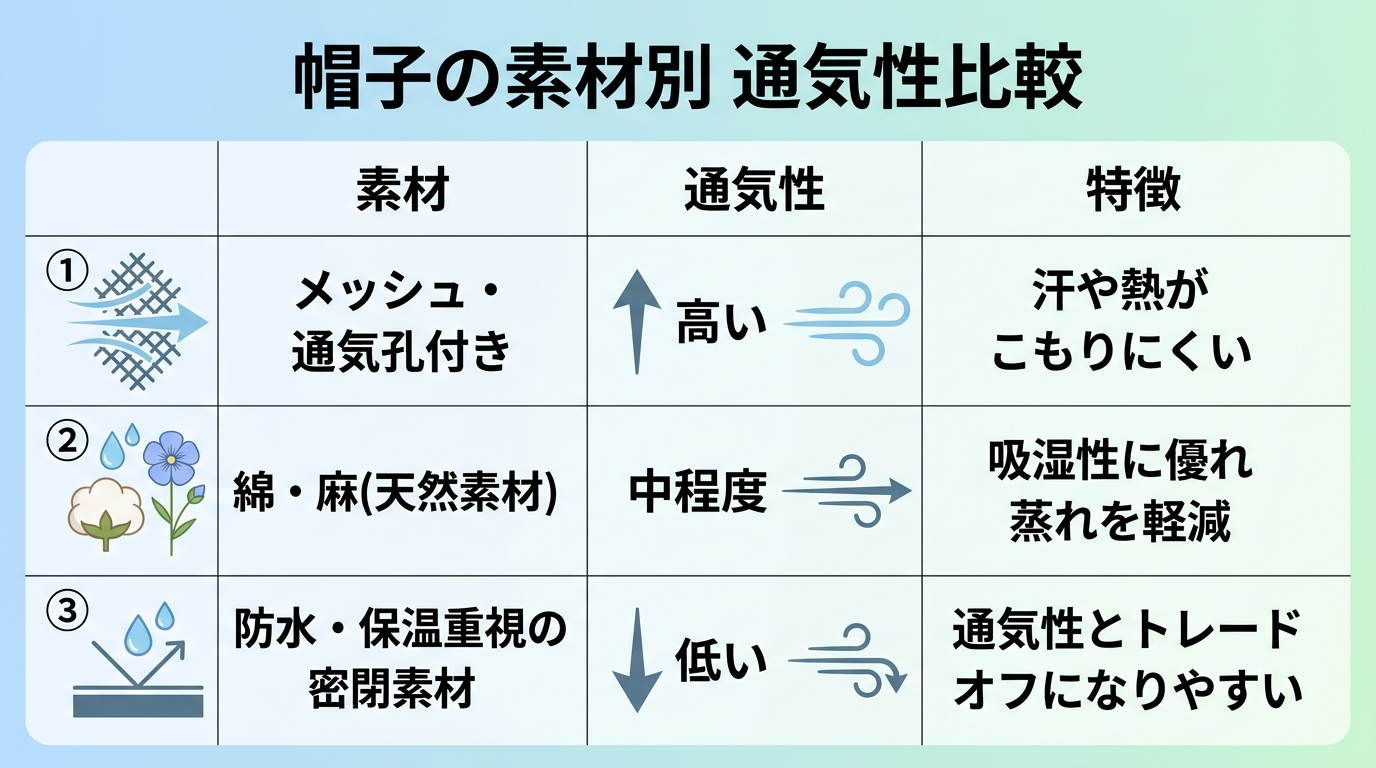 タイトル: 帽子の素材別 通気性比較。3列の表: ヘッダー行: 素材 | 通気性 | 特徴。行1: メッシュ・通気孔付き | 高い | 汗や熱がこもりにくい。行2: 綿・麻(天然素材) | 中程度 | 吸湿性に優れ蒸れを軽減。行3: 防水・保温重視の密閉素材 | 低い | 通気性とトレードオフになりやすい。
