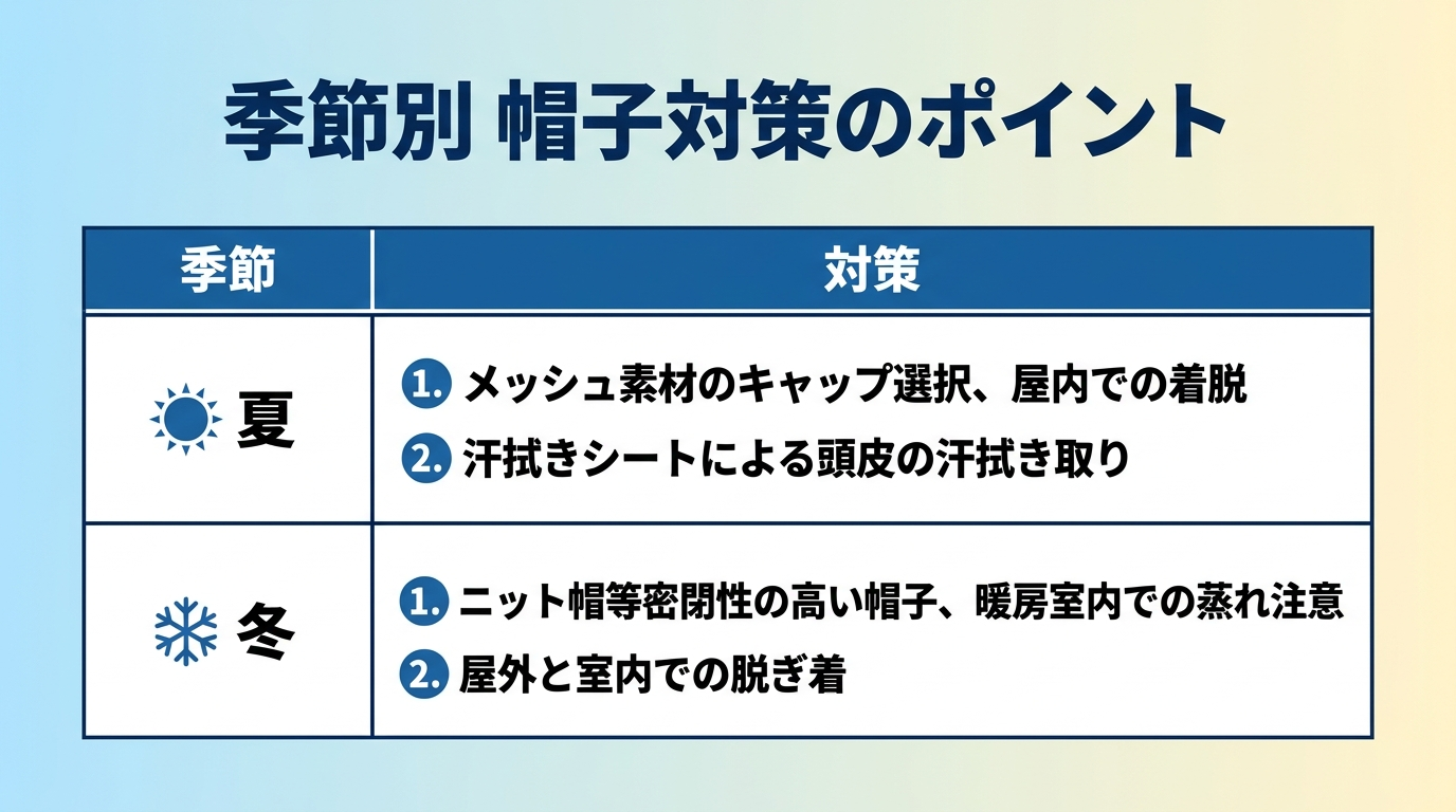 タイトル: 季節別 帽子対策のポイント。2列の表: ヘッダー行: 季節 | 対策。行1: 夏 | メッシュ素材のキャップを選び、屋内ではこまめに脱ぐ。汗拭きシートで頭皮の汗を拭き取る。行2: 冬 | ニット帽など密閉性の高い帽子は暖房の効いた室内で蒸れやすいため、屋外と室内で脱ぎ着する。