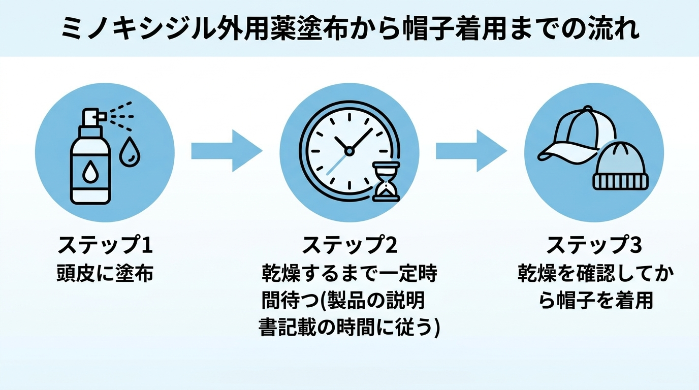 タイトル: ミノキシジル外用薬塗布から帽子着用までの流れ。3ステップのフロー図: ステップ1「頭皮に塗布」→ステップ2「乾燥するまで一定時間待つ(製品の説明書記載の時間に従う)」→ステップ3「乾燥を確認してから帽子を着用」。各ステップにスプレーボトル・時計・帽子のアイコンを配置。