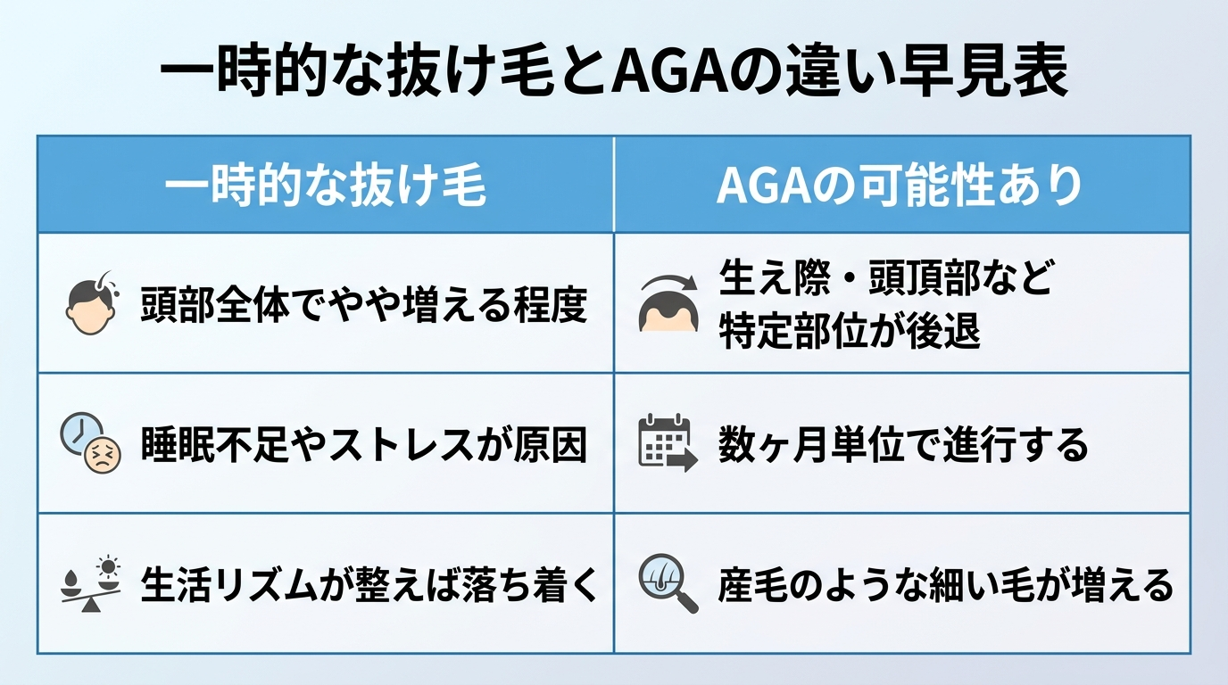 タイトル: 一時的な抜け毛とAGAの違い早見表。2列の表: ヘッダー行: 一時的な抜け毛 | AGAの可能性あり。行1: 頭部全体でやや増える程度 | 生え際・頭頂部など特定部位が後退。行2: 睡眠不足やストレスが原因 | 数ヶ月単位で進行する。行3: 生活リズムが整えば落ち着く | 産毛のような細い毛が増える。