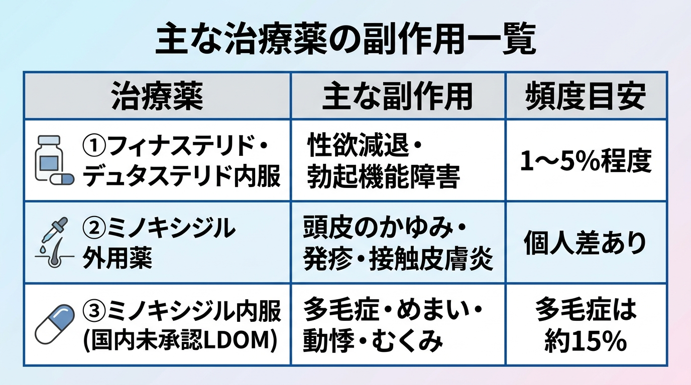 タイトル: 主な治療薬の副作用一覧。3列の表: ヘッダー行: 治療薬 | 主な副作用 | 頻度目安。行1: フィナステリド・デュタステリド内服 | 性欲減退・勃起機能障害 | 1〜5%程度。行2: ミノキシジル外用薬 | 頭皮のかゆみ・発疹・接触皮膚炎 | 個人差あり。行3: ミノキシジル内服(国内未承認LDOM) | 多毛症・めまい・動悸・むくみ | 多毛症は約15%。