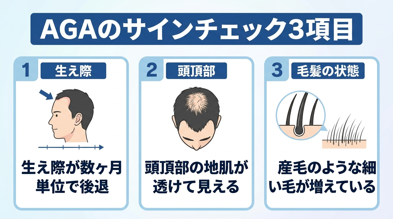 タイトル: AGAのサインチェック3項目。横並び3カード: カード1(生え際のイラスト)生え際が数ヶ月単位で後退。カード2(頭頂部のイラスト)頭頂部の地肌が透けて見える。カード3(毛髪のイラスト)産毛のような細い毛が増えている。