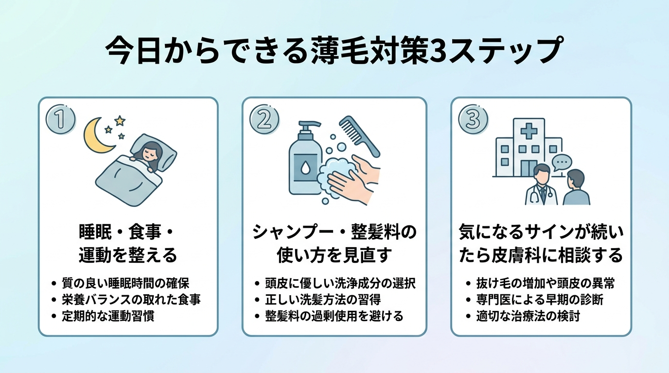 タイトル: 今日からできる薄毛対策3ステップ。横並び3カード: ステップ1(睡眠のアイコン)睡眠・食事・運動を整える。ステップ2(シャンプーのアイコン)シャンプー・整髪料の使い方を見直す。ステップ3(病院のアイコン)気になるサインが続いたら皮膚科に相談する。