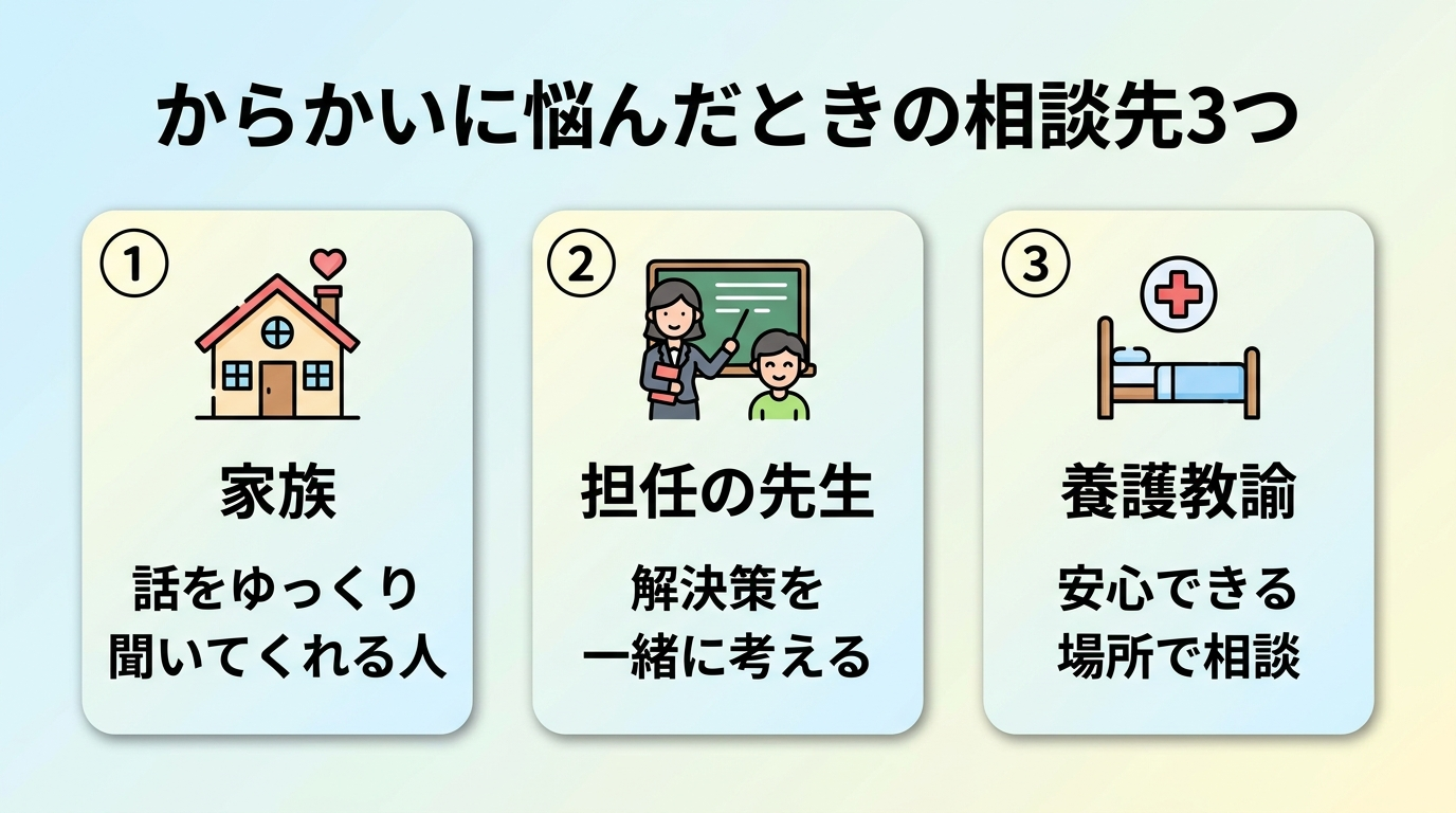 タイトル: からかいに悩んだときの相談先3つ。横並び3カード: カード1(家のアイコン)家族。カード2(先生のアイコン)担任の先生。カード3(保健室のアイコン)養護教諭。