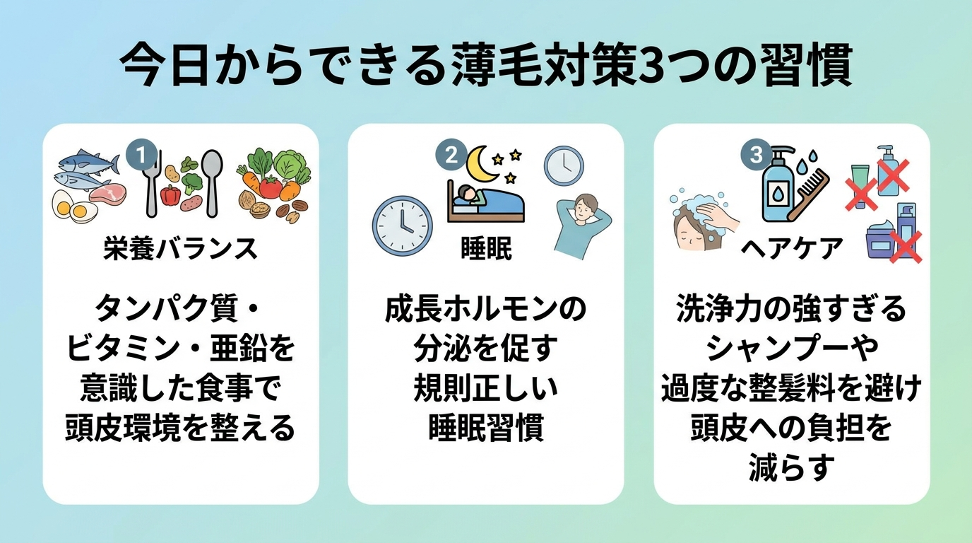 タイトル: 今日からできる薄毛対策3つの習慣。横並び3カード: カード1(食事アイコン)栄養バランス、タンパク質・ビタミン・亜鉛を意識した食事で頭皮環境を整える。カード2(睡眠アイコン)睡眠、成長ホルモンの分泌を促す規則正しい睡眠習慣。カード3(ヘアケアアイコン)ヘアケア、洗浄力の強すぎるシャンプーや過度な整髪料を避け頭皮への負担を減らす。