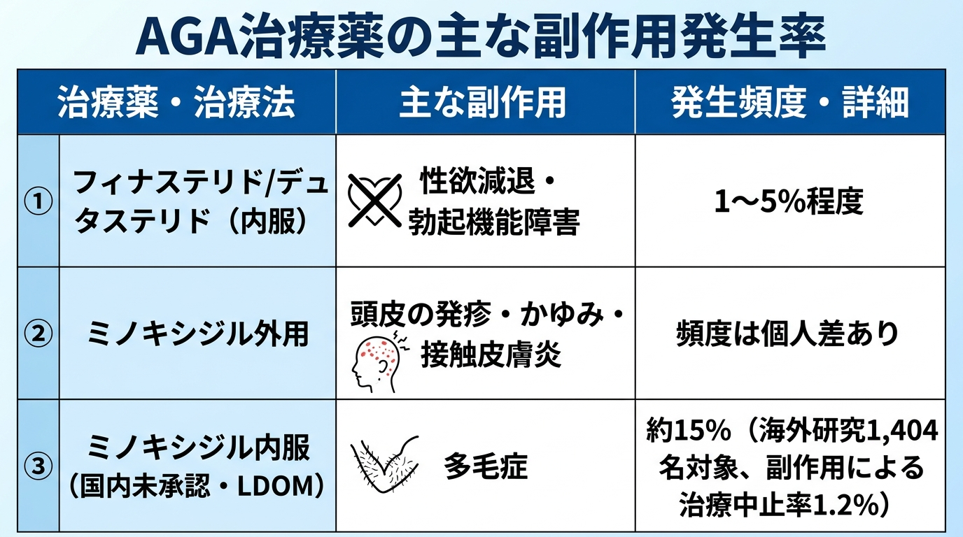 タイトル: AGA治療薬の主な副作用発生率。表形式3行: フィナステリド/デュタステリド(内服)| 性欲減退・勃起機能障害 | 1〜5%程度。ミノキシジル外用 | 頭皮の発疹・かゆみ・接触皮膚炎 | 頻度は個人差あり。ミノキシジル内服(国内未承認・LDOM) | 多毛症 | 約15%(海外研究1,404名対象、副作用による治療中止率1.2%)。