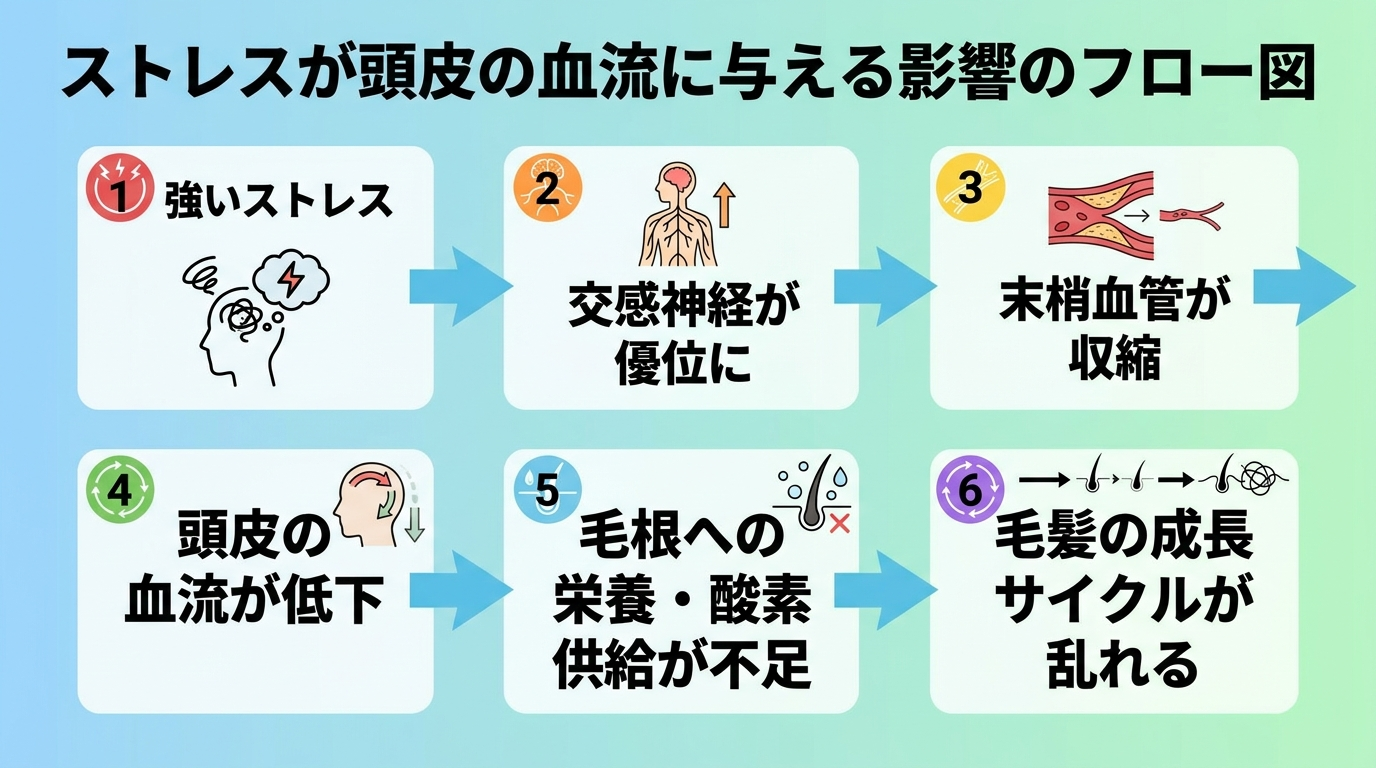 タイトル: ストレスが頭皮の血流に与える影響のフロー図。矢印でつながる6ステップのフローチャート:①強いストレス→②交感神経が優位に→③末梢血管が収縮→④頭皮の血流が低下→⑤毛根への栄養・酸素供給が不足→⑥毛髪の成長サイクルが乱れる。