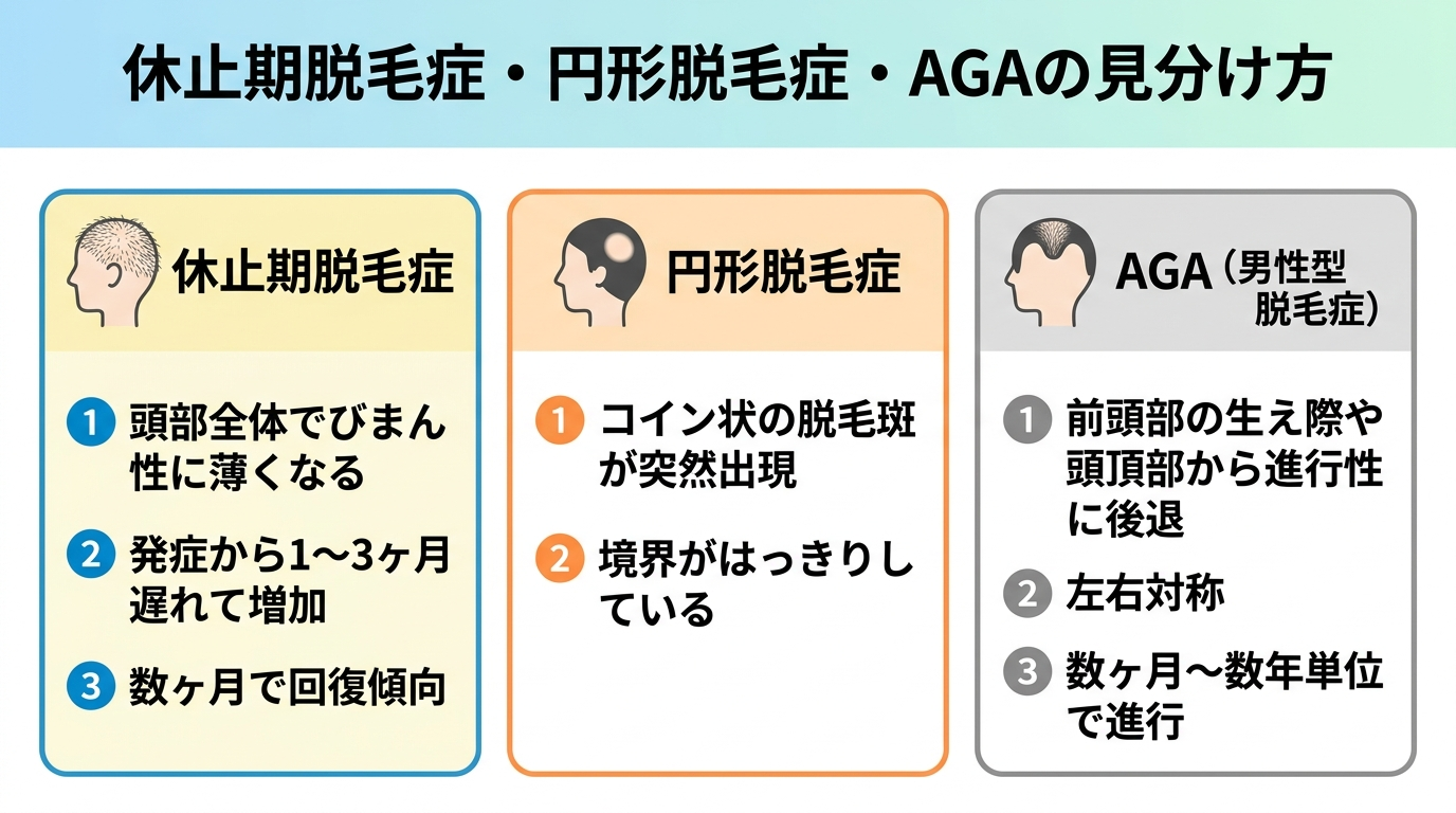 タイトル: 休止期脱毛症・円形脱毛症・AGAの見分け方。横並び3カード。カード1見出し「休止期脱毛症」説明:頭部全体でびまん性に薄くなる、発症から1〜3ヶ月遅れて増加、数ヶ月で回復傾向。カード2見出し「円形脱毛症」説明:コイン状の脱毛斑が突然出現、境界がはっきりしている。カード3見出し「AGA(男性型脱毛症)」説明:前頭部の生え際や頭頂部から進行性に後退、左右対称、数ヶ月〜数年単位で進行。