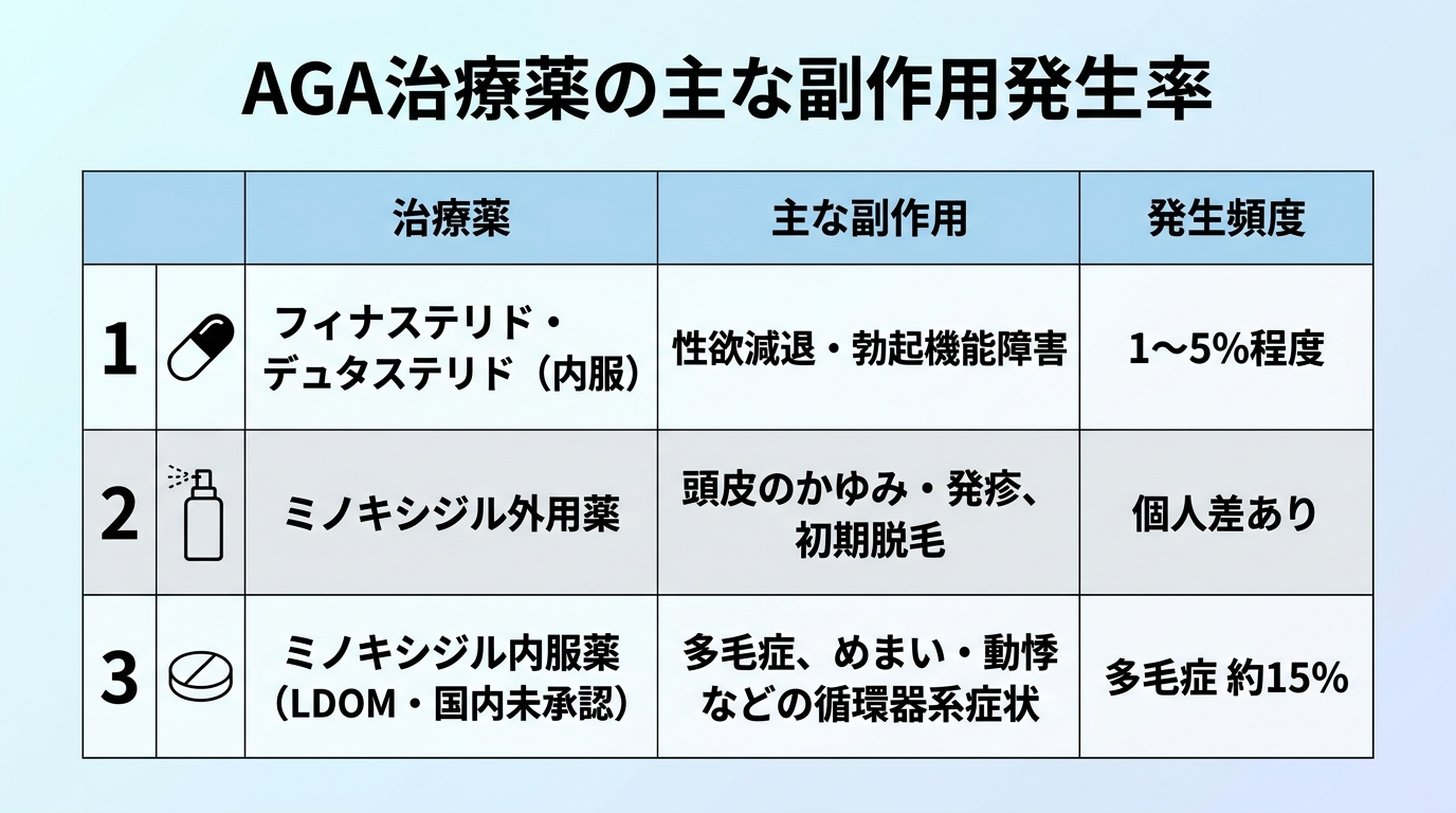 タイトル: AGA治療薬の主な副作用発生率。3列の表: ヘッダー行: 治療薬 | 主な副作用 | 発生頻度。行1: フィナステリド・デュタステリド(内服) | 性欲減退・勃起機能障害 | 1〜5%程度。行2: ミノキシジル外用薬 | 頭皮のかゆみ・発疹、初期脱毛 | 個人差あり。行3: ミノキシジル内服薬(LDOM・国内未承認) | 多毛症、めまい・動悸などの循環器系症状 | 多毛症 約15%