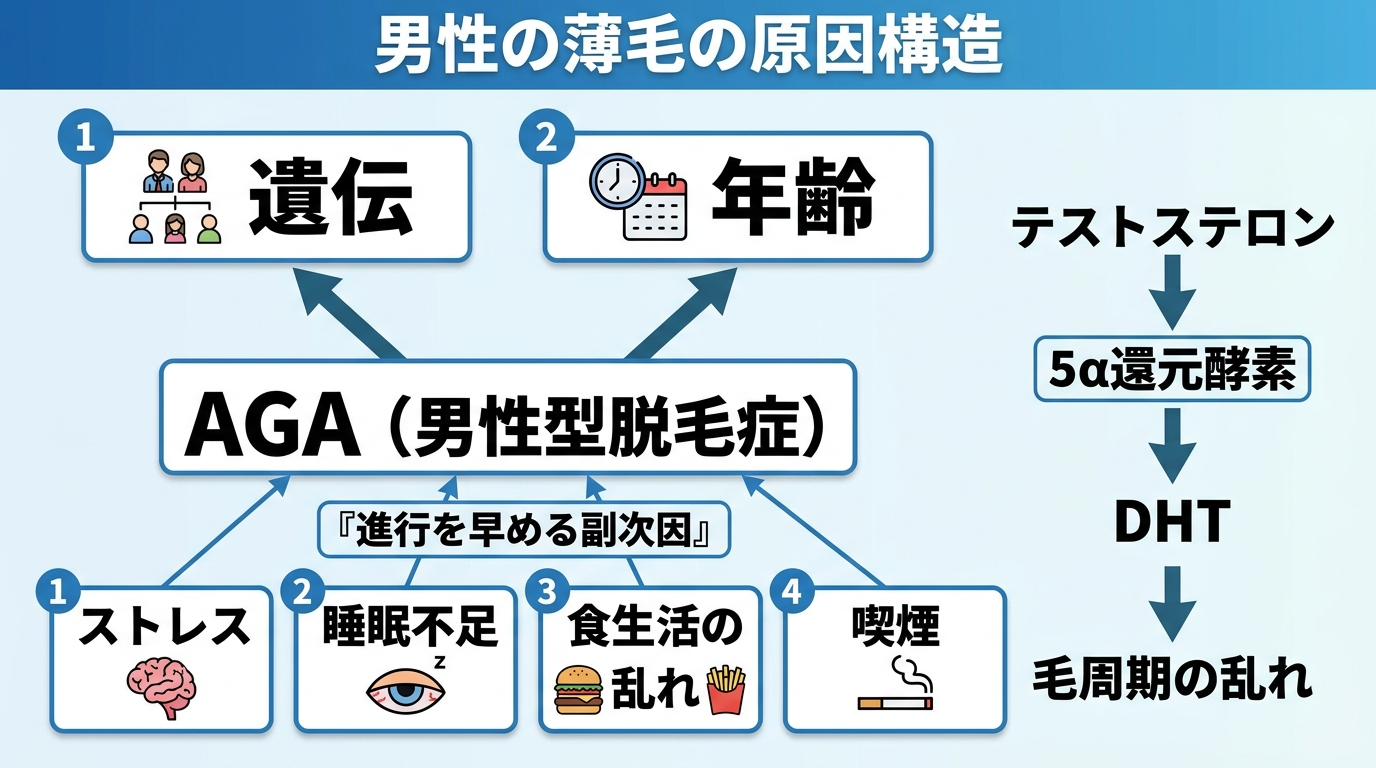 タイトル: 男性の薄毛の原因構造。中央に「AGA(男性型脱毛症)」を大きく配置し、そこから2つの主要因「遺伝」「年齢」を太い矢印で接続。下部に副次要因として「ストレス」「睡眠不足」「食生活の乱れ」「喫煙」を細い矢印で接続し『進行を早める副次因』と注記。AGAの発生メカニズムは『テストステロン→(5α還元酵素)→DHT→毛周期の乱れ』とフロー矢印で示す