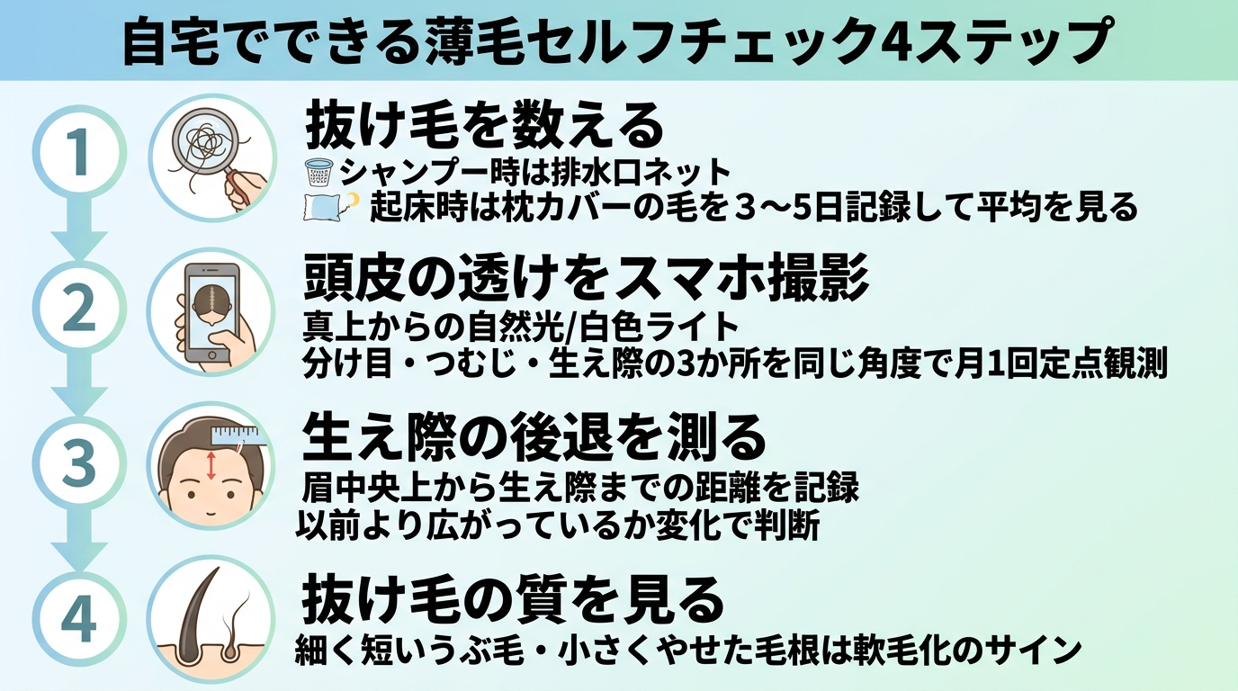 タイトル: 自宅でできる薄毛セルフチェック4ステップ。縦フロー図で: ステップ1: 抜け毛を数える(シャンプー時は排水口ネット、起床時は枕カバーの毛を3〜5日記録して平均を見る)。ステップ2: 頭皮の透けをスマホ撮影(真上からの自然光/白色ライト、分け目・つむじ・生え際の3か所を同じ角度で月1回定点観測)。ステップ3: 生え際の後退を測る(眉中央上から生え際までの距離を記録、以前より広がっているか変化で判断)。ステップ4: 抜け毛の質を見る(細く短いうぶ毛・小さくやせた毛根は軟毛化のサイン)