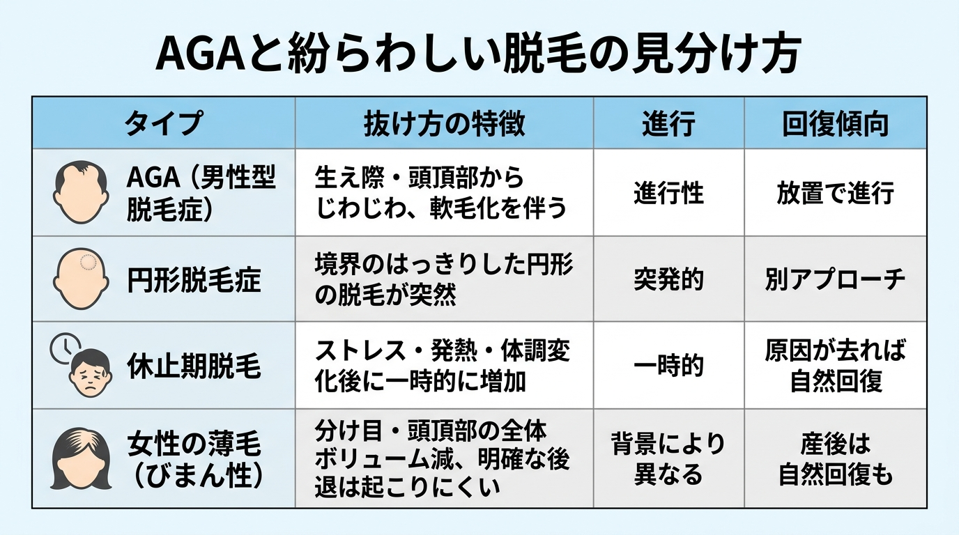 タイトル: AGAと紛らわしい脱毛の見分け方。4列の表: ヘッダー行: タイプ | 抜け方の特徴 | 進行 | 回復傾向。行1: AGA(男性型脱毛症) | 生え際・頭頂部からじわじわ、軟毛化を伴う | 進行性 | 放置で進行。行2: 円形脱毛症 | 境界のはっきりした円形の脱毛が突然 | 突発的 | 別アプローチ。行3: 休止期脱毛 | ストレス・発熱・体調変化後に一時的に増加 | 一時的 | 原因が去れば自然回復。行4: 女性の薄毛(びまん性) | 分け目・頭頂部の全体ボリューム減、明確な後退は起こりにくい | 背景により異なる | 産後は自然回復も