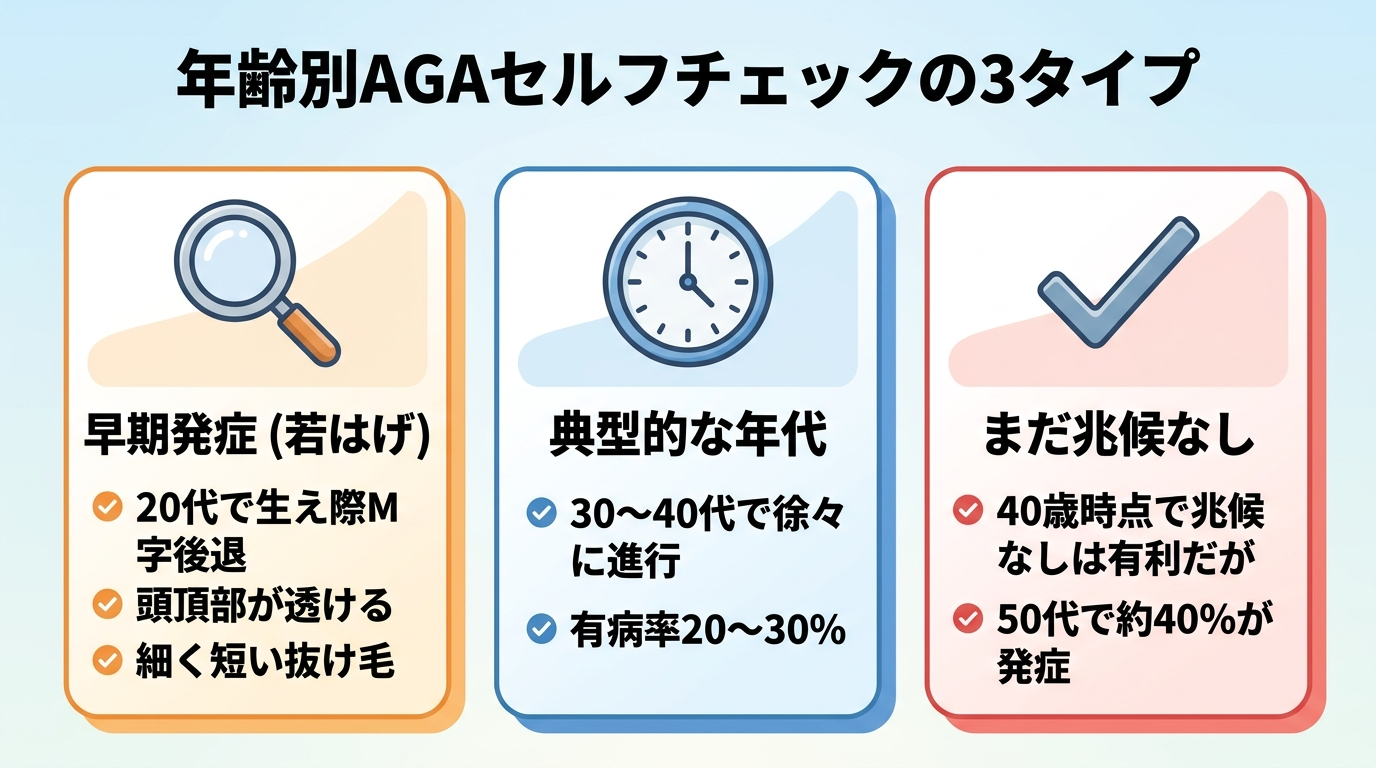 タイトル: 年齢別AGAセルフチェックの3タイプ。横並び3カードで: カード1(虫眼鏡アイコン)ヘッダー: 早期発症(若はげ)、説明: 20代で生え際M字後退・頭頂部が透ける・細く短い抜け毛。カード2(時計アイコン)ヘッダー: 典型的な年代、説明: 30〜40代で徐々に進行、有病率20〜30%。カード3(チェックアイコン)ヘッダー: まだ兆候なし、説明: 40歳時点で兆候なしは有利だが50代で約40%が発症
