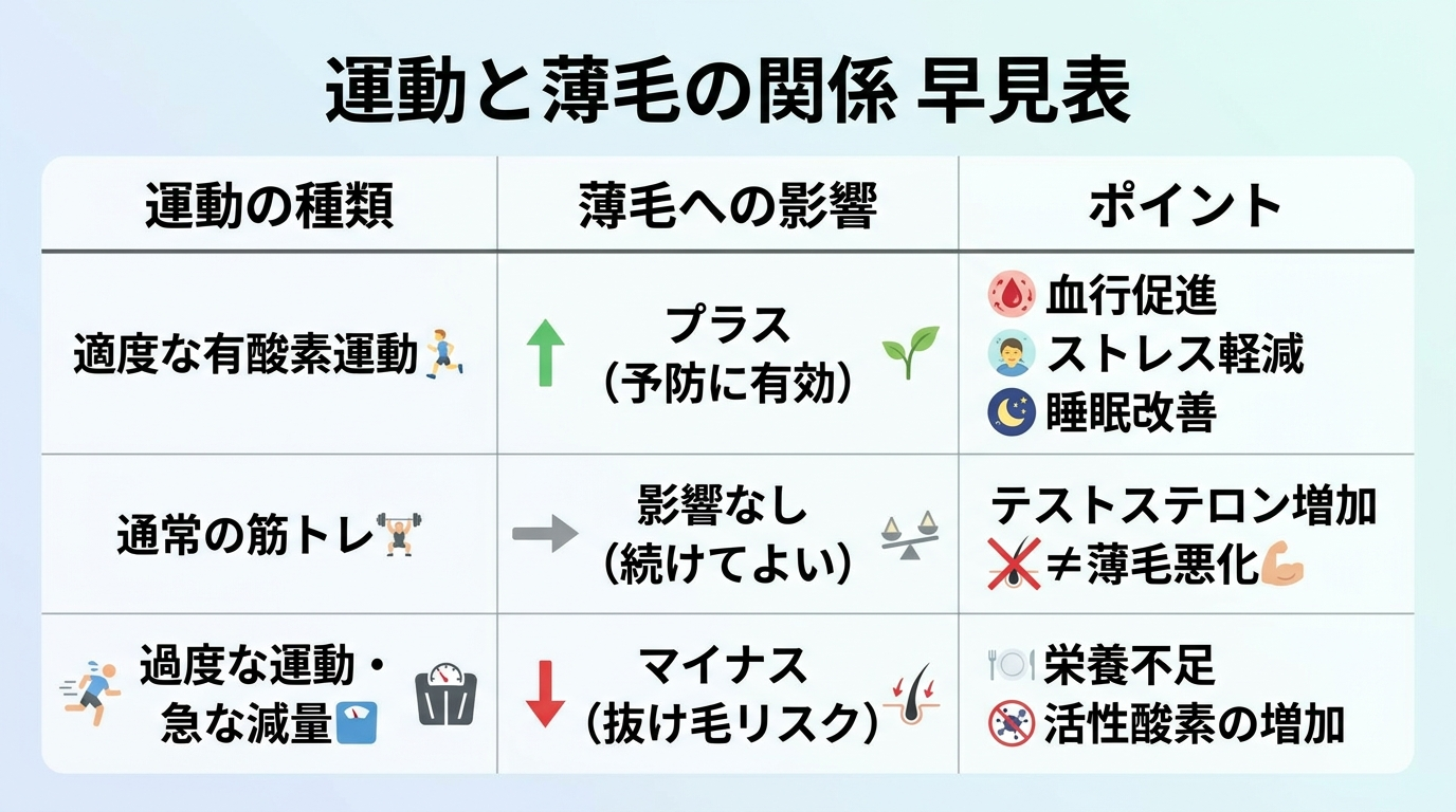 タイトル: 運動と薄毛の関係 早見表。3列の表: ヘッダー行: 運動の種類 | 薄毛への影響 | ポイント。行1: 適度な有酸素運動 | プラス(予防に有効) | 血行促進・ストレス軽減・睡眠改善。行2: 通常の筋トレ | 影響なし(続けてよい) | テストステロン増加≠薄毛悪化。行3: 過度な運動・急な減量 | マイナス(抜け毛リスク) | 栄養不足・活性酸素の増加