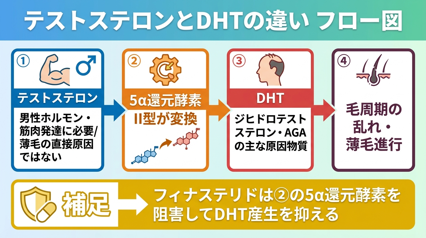 タイトル: テストステロンとDHTの違い フロー図。左から右へ: ①テストステロン(男性ホルモン・筋肉発達に必要/薄毛の直接原因ではない)→ ②5α還元酵素II型が変換 → ③DHT(ジヒドロテストステロン・AGAの主な原因物質)→ ④毛周期の乱れ・薄毛進行。補足: フィナステリドは②の5α還元酵素を阻害してDHT産生を抑える