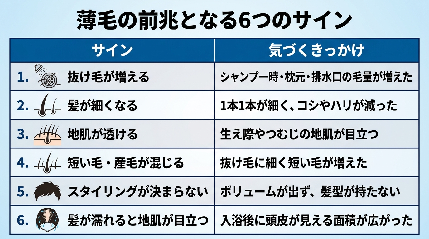 タイトル: 薄毛の前兆となる6つのサイン。縦2列の表: ヘッダー行: サイン | 気づくきっかけ。行1: 抜け毛が増える | シャンプー時・枕元・排水口の毛量が増えた。行2: 髪が細くなる | 1本1本が細く、コシやハリが減った。行3: 地肌が透ける | 生え際やつむじの地肌が目立つ。行4: 短い毛・産毛が混じる | 抜け毛に細く短い毛が増えた。行5: スタイリングが決まらない | ボリュームが出ず、髪型が持たない。行6: 髪が濡れると地肌が目立つ | 入浴後に頭皮が見える面積が広がった