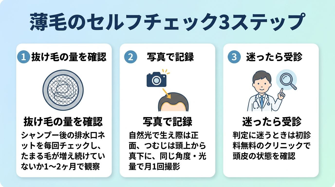 タイトル: 薄毛のセルフチェック3ステップ。横並び3カードで: カード1(排水口のアイコン)ヘッダー: 抜け毛の量を確認、説明: シャンプー後の排水口ネットを毎回チェックし、たまる毛が増え続けていないか1〜2ヶ月で観察。カード2(カメラのアイコン)ヘッダー: 写真で記録、説明: 自然光で生え際は正面、つむじは頭上から真下に、同じ角度・光量で月1回撮影。カード3(医師のアイコン)ヘッダー: 迷ったら受診、説明: 判定に迷うときは初診料無料のクリニックで頭皮の状態を確認