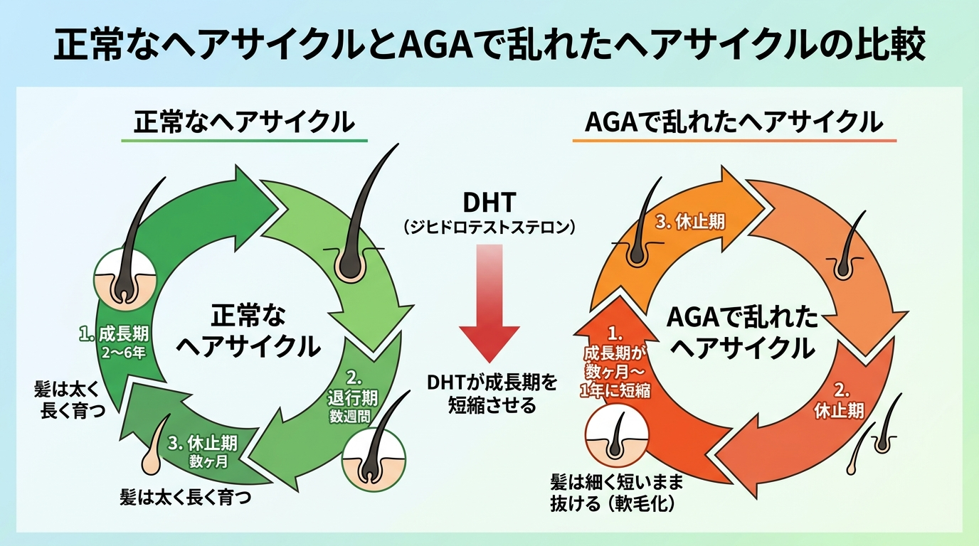 タイトル: 正常なヘアサイクルとAGAで乱れたヘアサイクルの比較。左側(正常): 成長期2〜6年→退行期数週間→休止期数ヶ月の円環図、髪は太く長く育つ。右側(AGA): 成長期が数ヶ月〜1年に短縮→退行期→休止期の円環図、髪は細く短いまま抜ける(軟毛化)。中央にDHTが成長期を短縮させる矢印