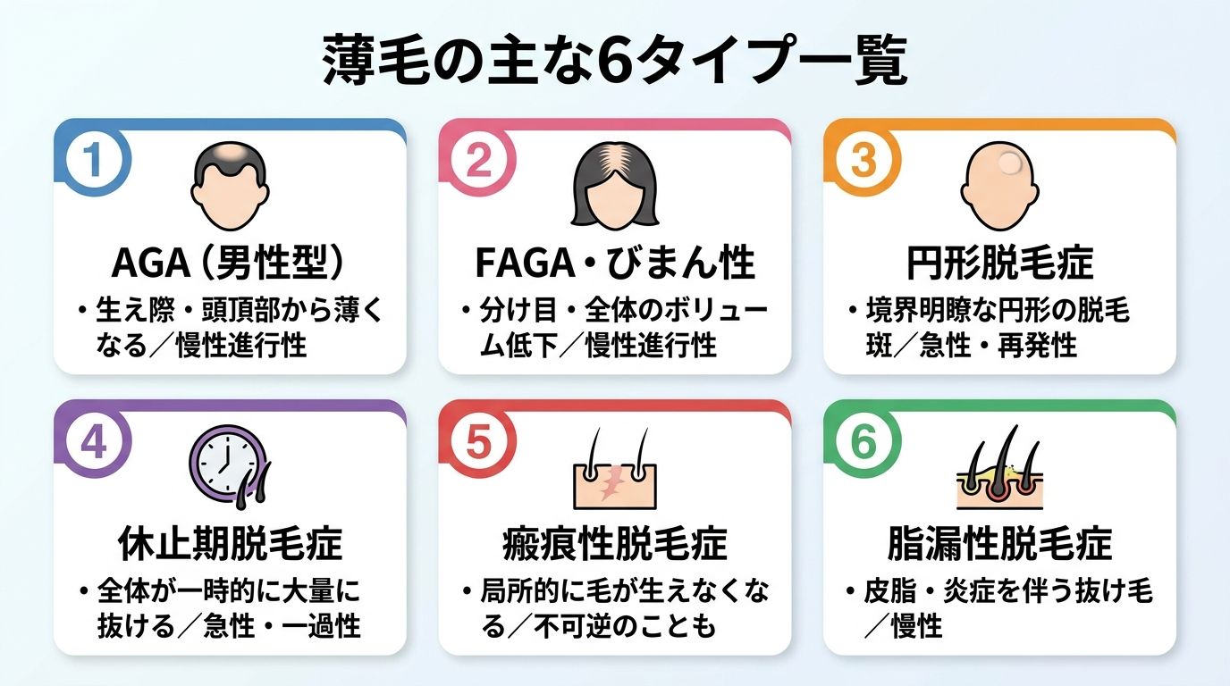 タイトル: 薄毛の主な6タイプ一覧。カード型6枚で表示。カード1: AGA(男性型)生え際・頭頂部から薄くなる/慢性進行性。カード2: FAGA・びまん性 分け目・全体のボリューム低下/慢性進行性。カード3: 円形脱毛症 境界明瞭な円形の脱毛斑/急性・再発性。カード4: 休止期脱毛症 全体が一時的に大量に抜ける/急性・一過性。カード5: 瘢痕性脱毛症 局所的に毛が生えなくなる/不可逆のことも。カード6: 脂漏性脱毛症 皮脂・炎症を伴う抜け毛/慢性