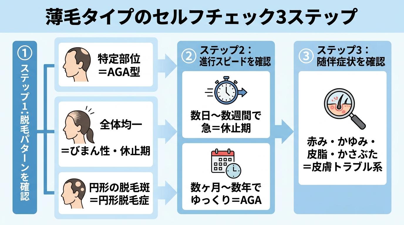 タイトル: 薄毛タイプのセルフチェック3ステップ。フロー図で縦に3ステップ。ステップ1: 脱毛パターンを確認(特定部位=AGA型/全体均一=びまん性・休止期/円形の脱毛斑=円形脱毛症)。ステップ2: 進行スピードを確認(数日〜数週間で急=休止期/数ヶ月〜数年でゆっくり=AGA)。ステップ3: 随伴症状を確認(赤み・かゆみ・皮脂・かさぶた=皮膚トラブル系)