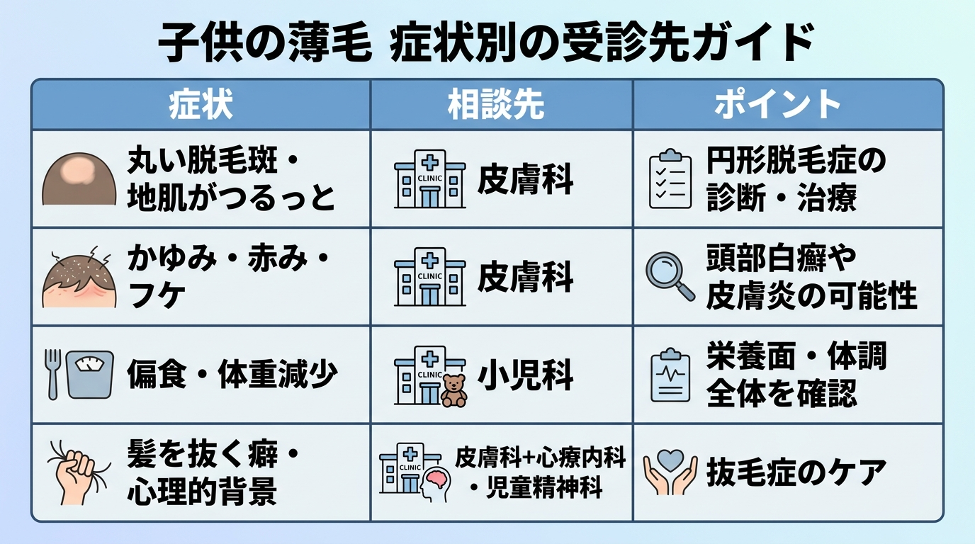 タイトル: 子供の薄毛 症状別の受診先ガイド。3列の表: ヘッダー行: 症状 | 相談先 | ポイント。行1: 丸い脱毛斑・地肌がつるっと | 皮膚科 | 円形脱毛症の診断・治療。行2: かゆみ・赤み・フケ | 皮膚科 | 頭部白癬や皮膚炎の可能性。行3: 偏食・体重減少 | 小児科 | 栄養面・体調全体を確認。行4: 髪を抜く癖・心理的背景 | 皮膚科＋心療内科・児童精神科 | 抜毛症のケア。