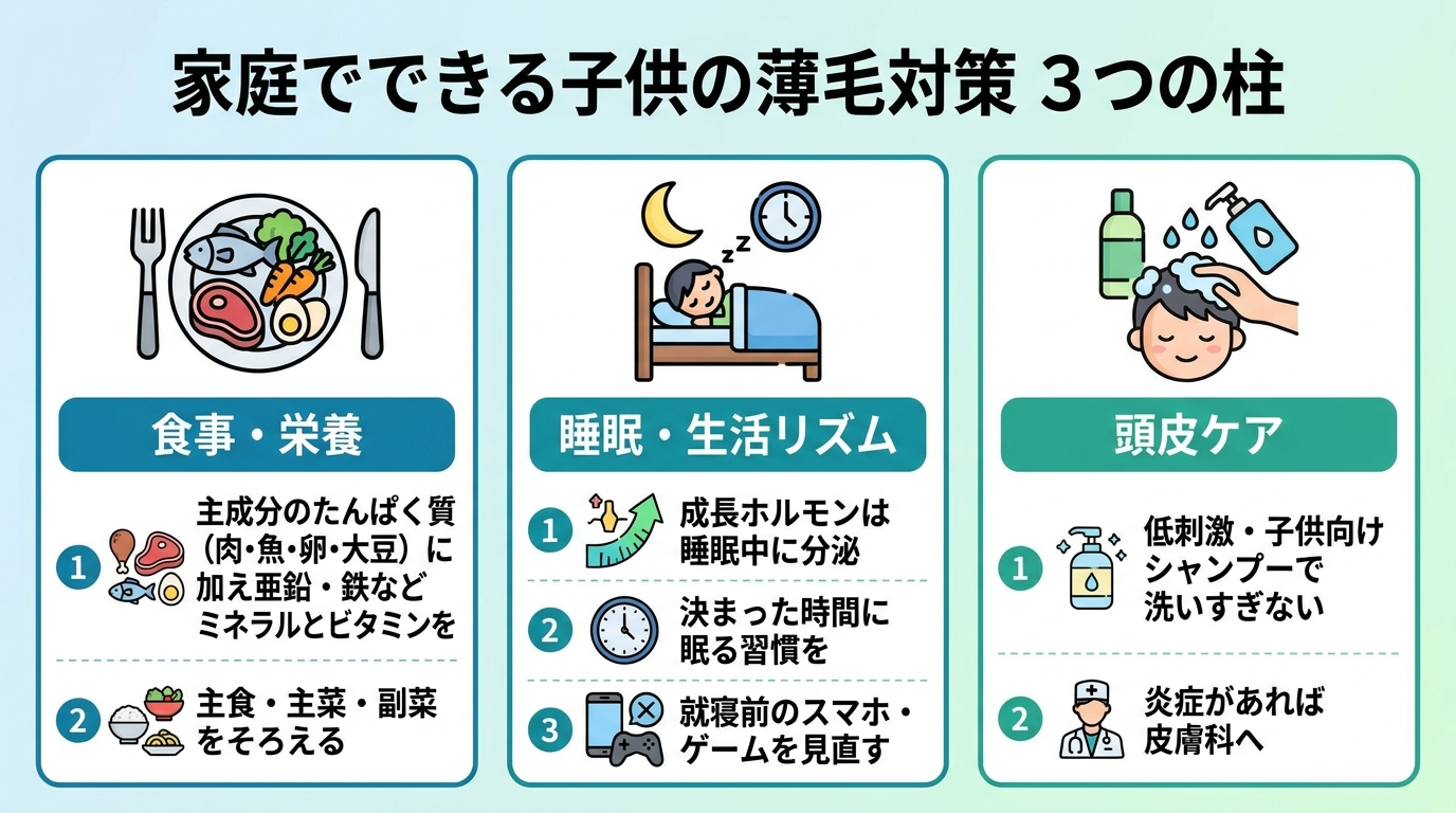 タイトル: 家庭でできる子供の薄毛対策 3つの柱。横並び3カードで: カード1（食事のアイコン）ヘッダー: 食事・栄養、説明: 主成分のたんぱく質（肉・魚・卵・大豆）に加え亜鉛・鉄などミネラルとビタミンを。主食・主菜・副菜をそろえる。カード2（睡眠のアイコン）ヘッダー: 睡眠・生活リズム、説明: 成長ホルモンは睡眠中に分泌。決まった時間に眠る習慣を。就寝前のスマホ・ゲームを見直す。カード3（頭皮ケアのアイコン）ヘッダー: 頭皮ケア、説明: 低刺激・子供向けシャンプーで洗いすぎない。炎症があれば皮膚科へ。
