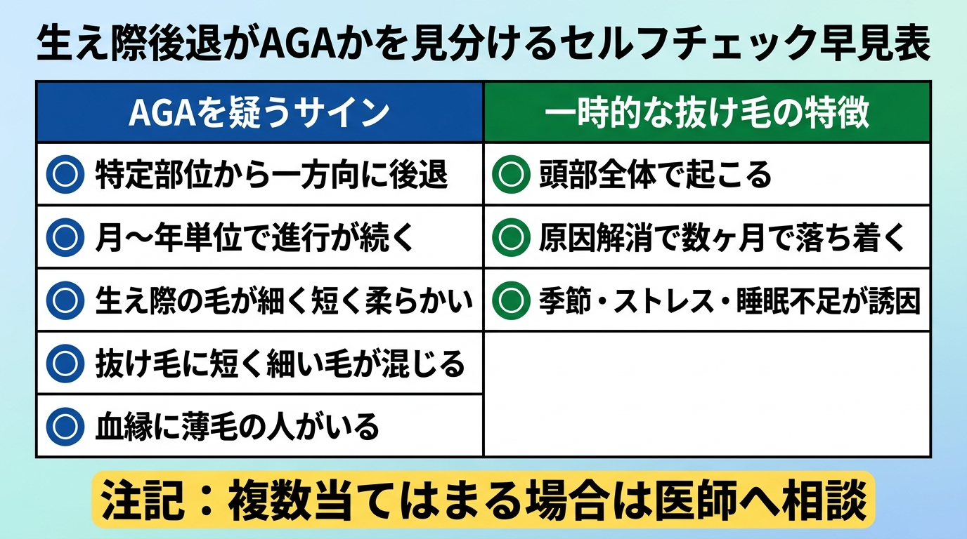 タイトル: 生え際後退がAGAかを見分けるセルフチェック早見表。縦2列の対比表: 左列ヘッダー『AGAを疑うサイン』行: 特定部位から一方向に後退/月〜年単位で進行が続く/生え際の毛が細く短く柔らかい/抜け毛に短く細い毛が混じる/血縁に薄毛の人がいる。右列ヘッダー『一時的な抜け毛の特徴』行: 頭部全体で起こる/原因解消で数ヶ月で落ち着く/季節・ストレス・睡眠不足が誘因。下部に注記『複数当てはまる場合は医師へ相談』