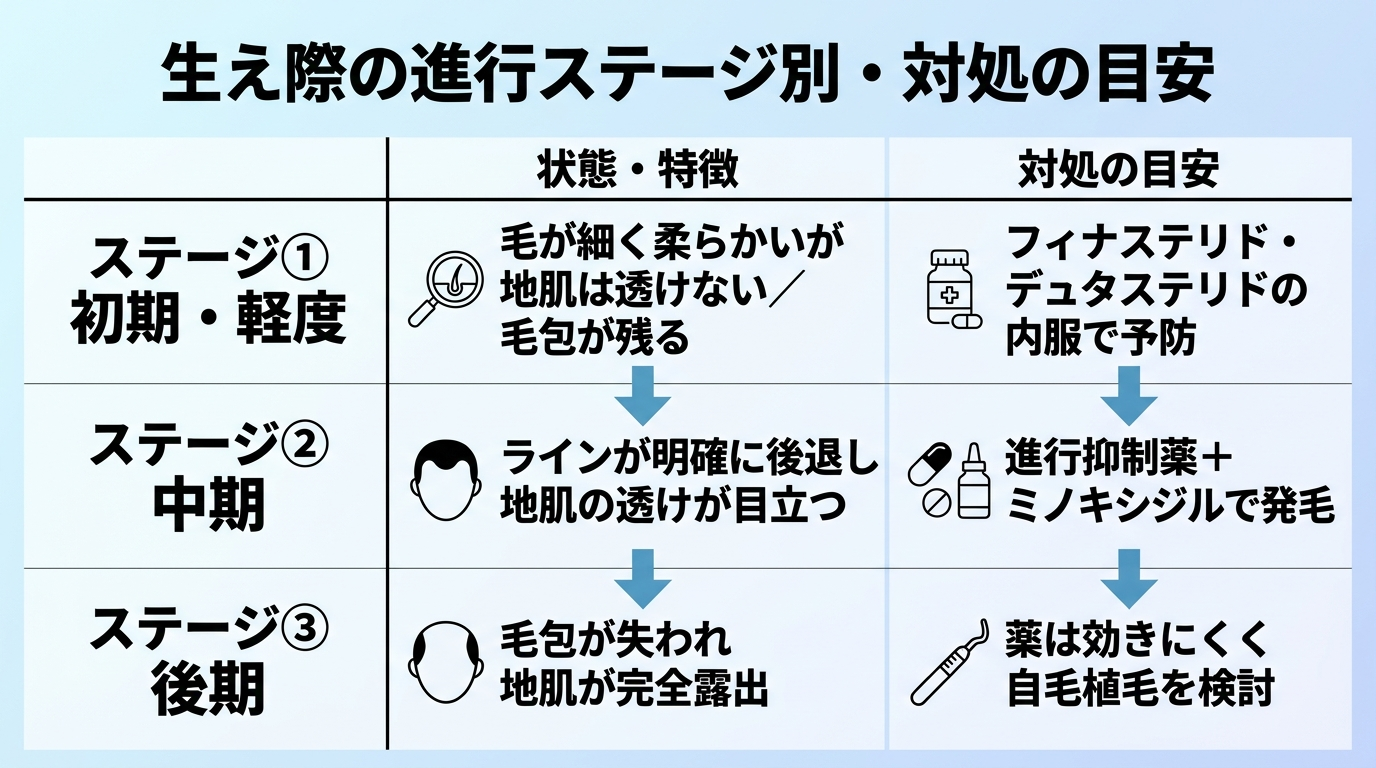 タイトル: 生え際の進行ステージ別・対処の目安。3段階の縦フロー表: ステージ①初期・軽度『毛が細く柔らかいが地肌は透けない/毛包が残る』→対処『フィナステリド・デュタステリドの内服で予防』。ステージ②中期『ラインが明確に後退し地肌の透けが目立つ』→対処『進行抑制薬+ミノキシジルで発毛』。ステージ③後期『毛包が失われ地肌が完全露出』→対処『薬は効きにくく自毛植毛を検討』
