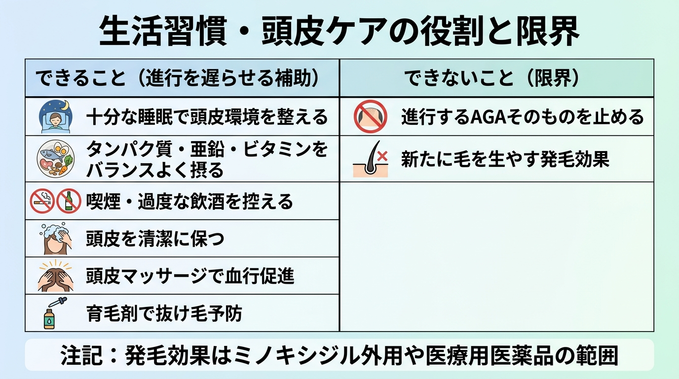 タイトル: 生活習慣・頭皮ケアの役割と限界。2列の対比表: 左列『できること(進行を遅らせる補助)』行: 十分な睡眠で頭皮環境を整える/タンパク質・亜鉛・ビタミンをバランスよく摂る/喫煙・過度な飲酒を控える/頭皮を清潔に保つ/頭皮マッサージで血行促進/育毛剤で抜け毛予防。右列『できないこと(限界)』行: 進行するAGAそのものを止める/新たに毛を生やす発毛効果。下部に注記『発毛効果はミノキシジル外用や医療用医薬品の範囲』