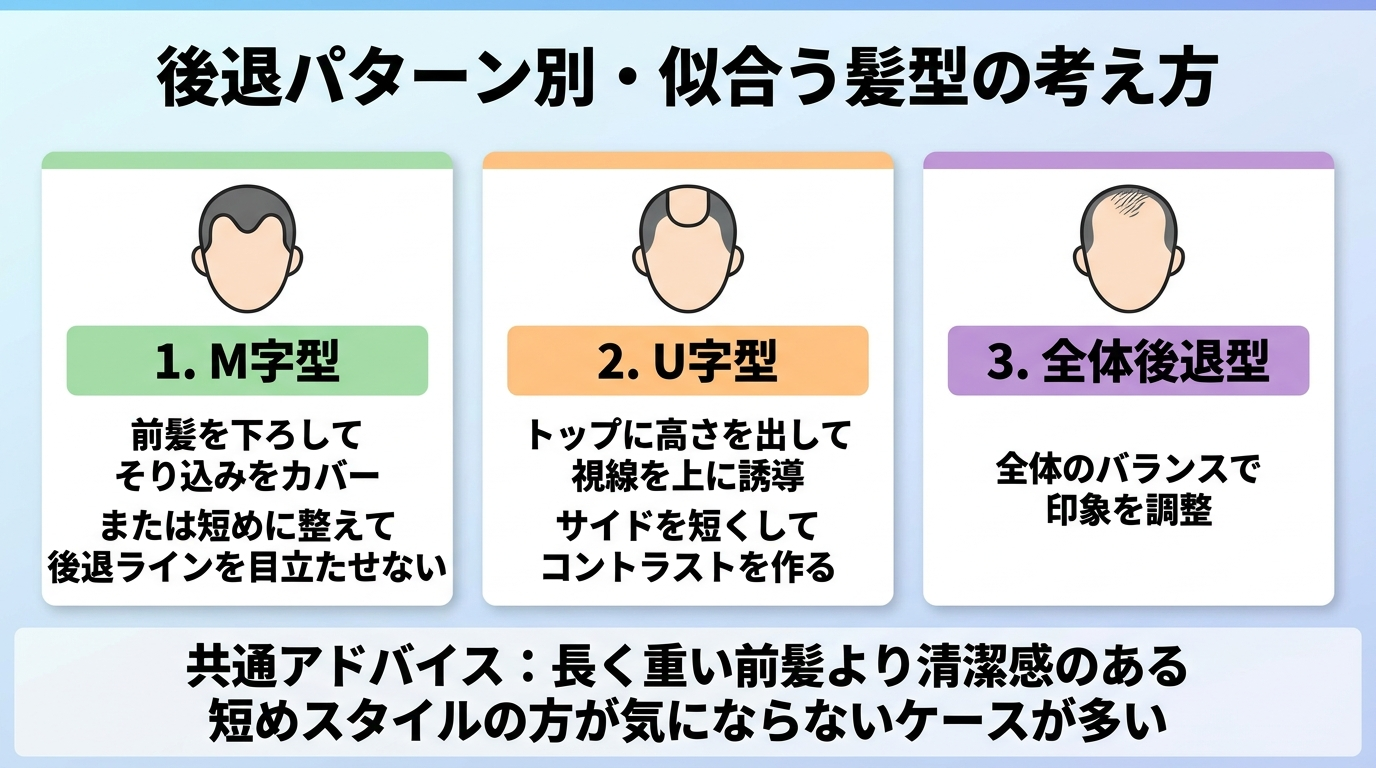 タイトル: 後退パターン別・似合う髪型の考え方。3カード横並び: カード1『M字型』前髪を下ろしてそり込みをカバー、または短めに整えて後退ラインを目立たせない。カード2『U字型』トップに高さを出して視線を上に誘導、サイドを短くしてコントラストを作る。カード3『全体後退型』全体のバランスで印象を調整。下部に共通アドバイス『長く重い前髪より清潔感のある短めスタイルの方が気にならないケースが多い』
