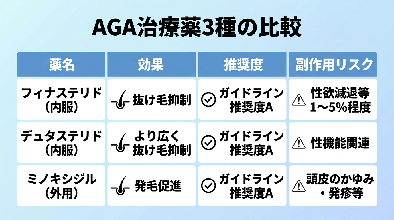 タイトル: AGA治療薬3種の比較。4列の表: ヘッダー行: 薬名 | 効果 | 推奨度 | 副作用リスク。行1: フィナステリド（内服） | 抜け毛抑制 | ガイドライン推奨度A | 性欲減退等1〜5%程度。行2: デュタステリド（内服） | より広く抜け毛抑制 | ガイドライン推奨度A | 性機能関連。行3: ミノキシジル（外用） | 発毛促進 | ガイドライン推奨度A | 頭皮のかゆみ・発疹等。