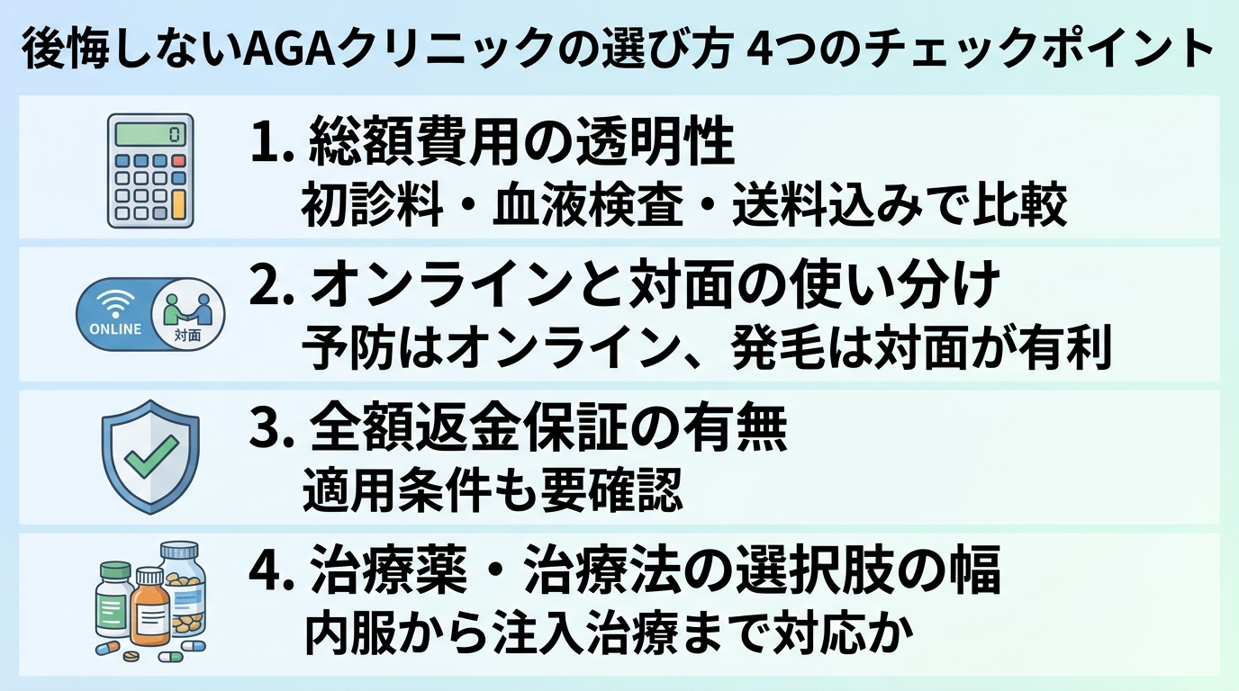 タイトル: 後悔しないAGAクリニックの選び方 4つのチェックポイント。縦並び4項目のチェックリスト形式。項目1(電卓のアイコン): 総額費用の透明性、説明: 初診料・血液検査・送料込みで比較。項目2(切替スイッチのアイコン): オンラインと対面の使い分け、説明: 予防はオンライン、発毛は対面が有利。項目3(盾のアイコン): 全額返金保証の有無、説明: 適用条件も要確認。項目4(薬瓶のアイコン): 治療薬・治療法の選択肢の幅、説明: 内服から注入治療まで対応か
