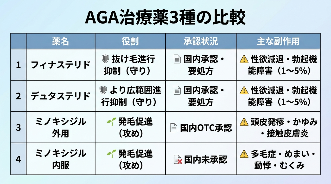 タイトル: AGA治療薬3種の比較。4列の表: ヘッダー行: 薬名 | 役割 | 承認状況 | 主な副作用。行1: フィナステリド | 抜け毛の進行を抑える(守り) | 国内承認・要処方 | 性欲減退・勃起機能障害(1〜5%)。行2: デュタステリド | より広く進行を抑える(守り) | 国内承認・要処方 | 性欲減退・勃起機能障害(1〜5%)。行3: ミノキシジル外用 | 発毛を促す(攻め) | OTCとして国内承認 | 頭皮の発疹・かゆみ・接触皮膚炎。行4: ミノキシジル内服 | 発毛を促す(攻め) | 国内未承認 | 多毛症・めまい・動悸・むくみ