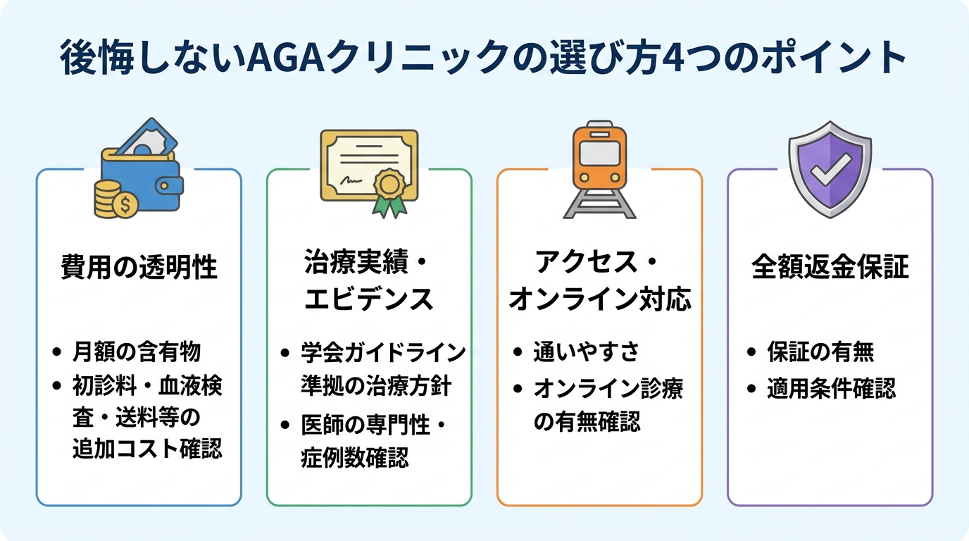 タイトル: 後悔しないAGAクリニックの選び方4つのポイント。縦並び4項目のチェックリスト図で: ポイント1(財布のアイコン)費用の透明性: 月額に何が含まれるか、初診料・血液検査・送料など追加コストを確認。ポイント2(賞状のアイコン)治療実績・エビデンス: 学会ガイドラインに沿った治療方針か、医師の専門性・症例数。ポイント3(電車のアイコン)アクセス・オンライン対応: 通いやすさ、オンライン診療の有無。ポイント4(盾のアイコン)全額返金保証: 保証の有無と適用条件