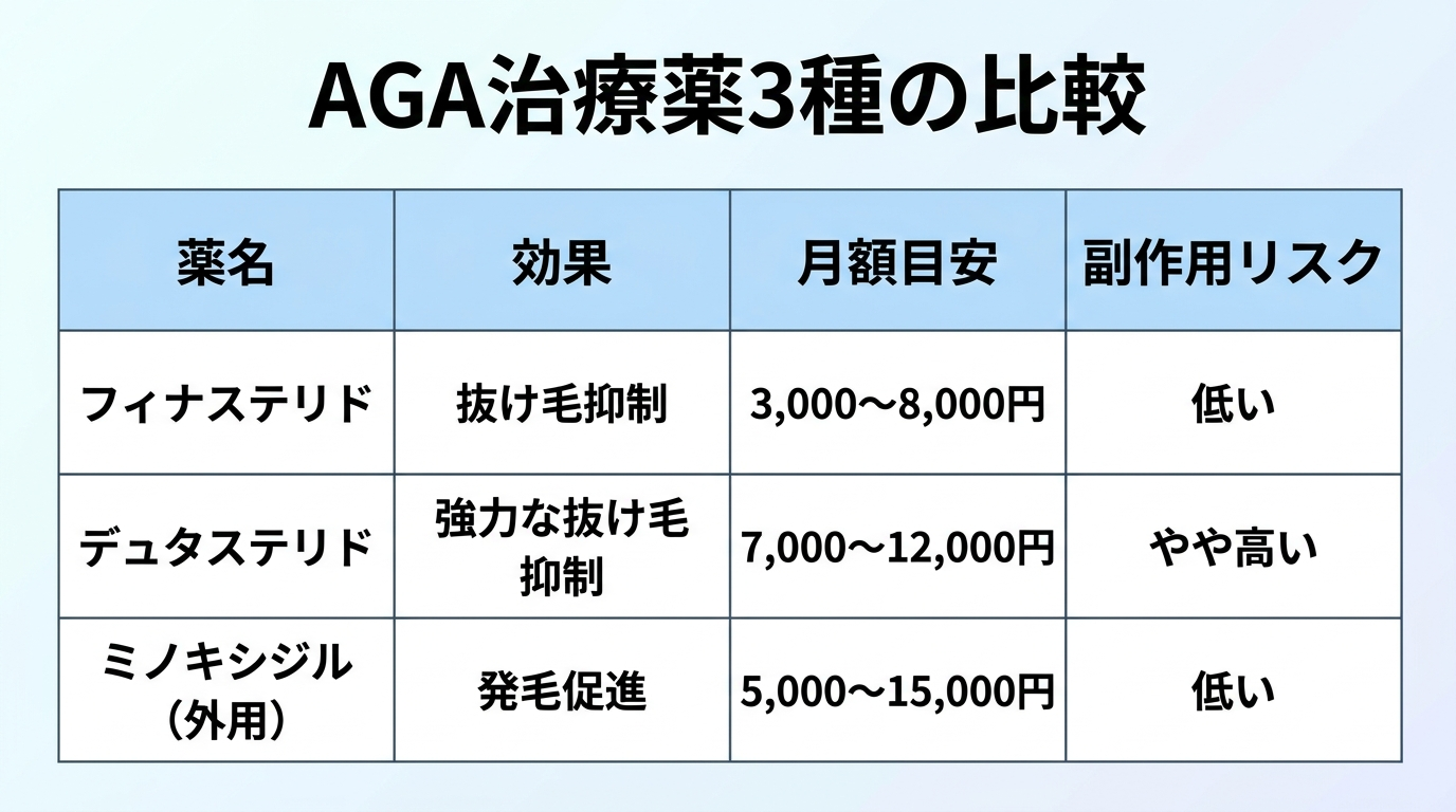 タイトル: AGA治療薬3種の比較。4列の表: ヘッダー行: 薬名 | 効果 | 月額目安 | 副作用リスク。行1: フィナステリド | 抜け毛抑制 | 3,000〜8,000円 | 低い。行2: デュタステリド | 強力な抜け毛抑制 | 7,000〜12,000円 | やや高い。行3: ミノキシジル(外用) | 発毛促進 | 5,000〜15,000円 | 低い
