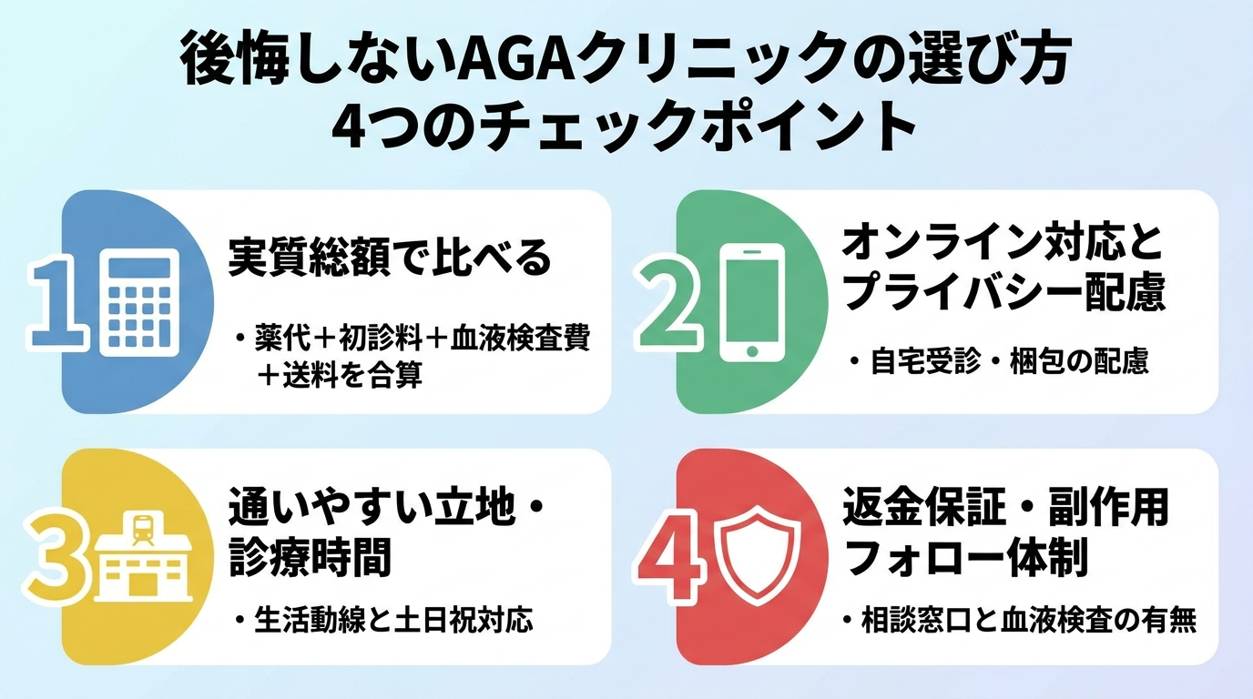 タイトル: 後悔しないAGAクリニックの選び方 4つのチェックポイント。縦並び4項目のチェックリスト形式。項目1（電卓アイコン）: 実質総額で比べる — 薬代＋初診料＋血液検査費＋送料を合算。項目2（スマホアイコン）: オンライン対応とプライバシー配慮 — 自宅受診・梱包の配慮。項目3（駅アイコン）: 通いやすい立地・診療時間 — 生活動線と土日祝対応。項目4（盾アイコン）: 返金保証・副作用フォロー体制 — 相談窓口と血液検査の有無