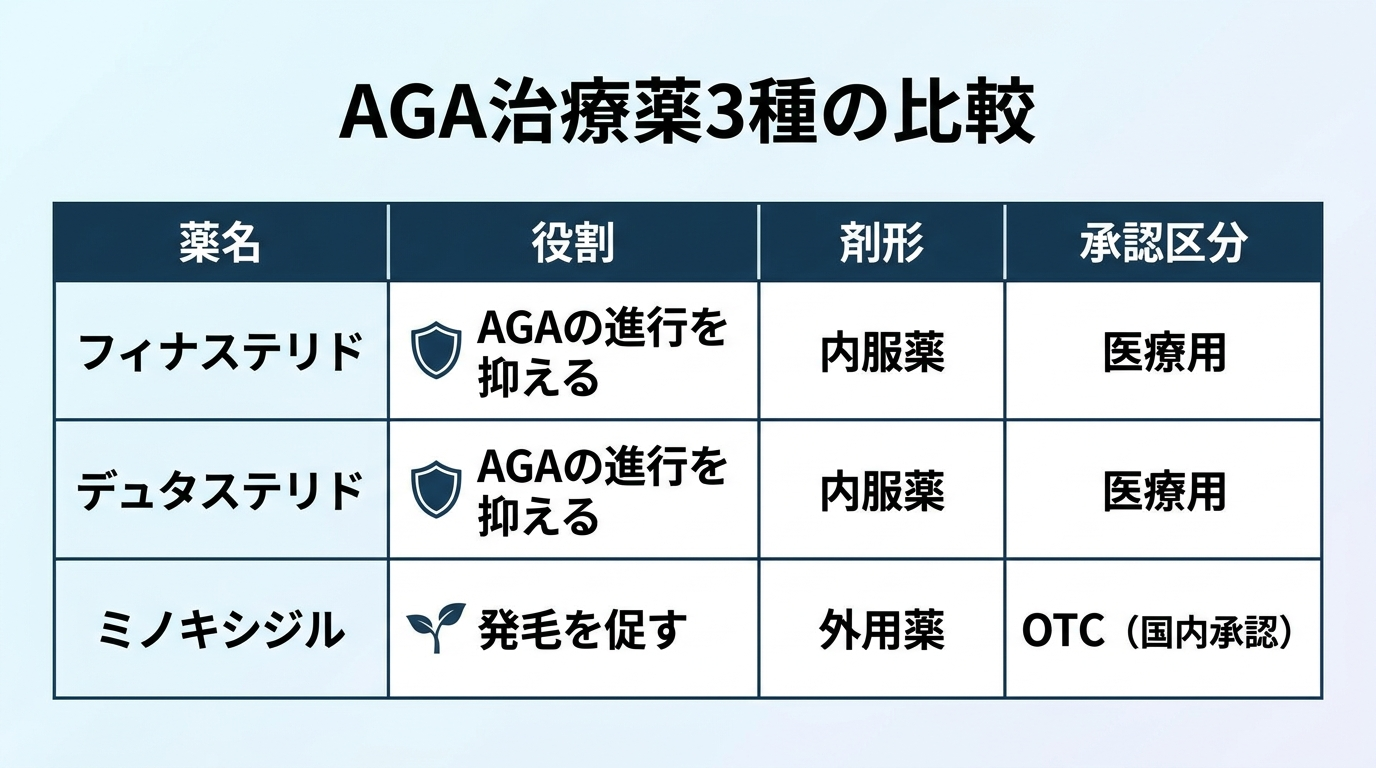 タイトル: AGA治療薬3種の比較。4列の表。ヘッダー行: 薬名 | 役割 | 剤形 | 承認区分。行1: フィナステリド | AGAの進行を抑える | 内服薬 | 医療用。行2: デュタステリド | AGAの進行を抑える | 内服薬 | 医療用。行3: ミノキシジル | 発毛を促す | 外用薬 | OTC（国内承認）